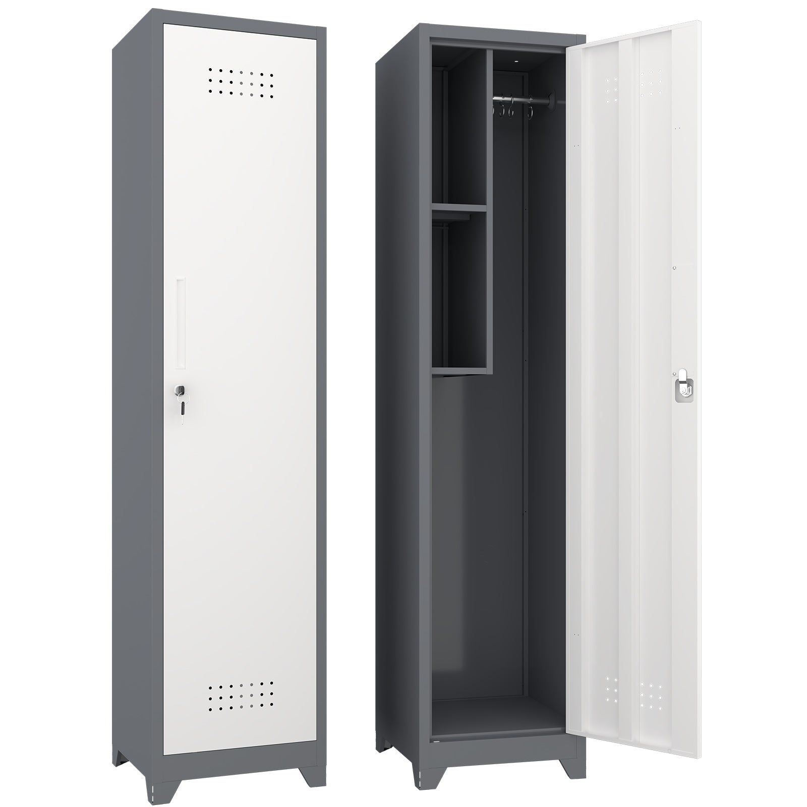 Slim Broom Storage Cabinet with Shelves, Hanging Rod & Locking Door - Metal