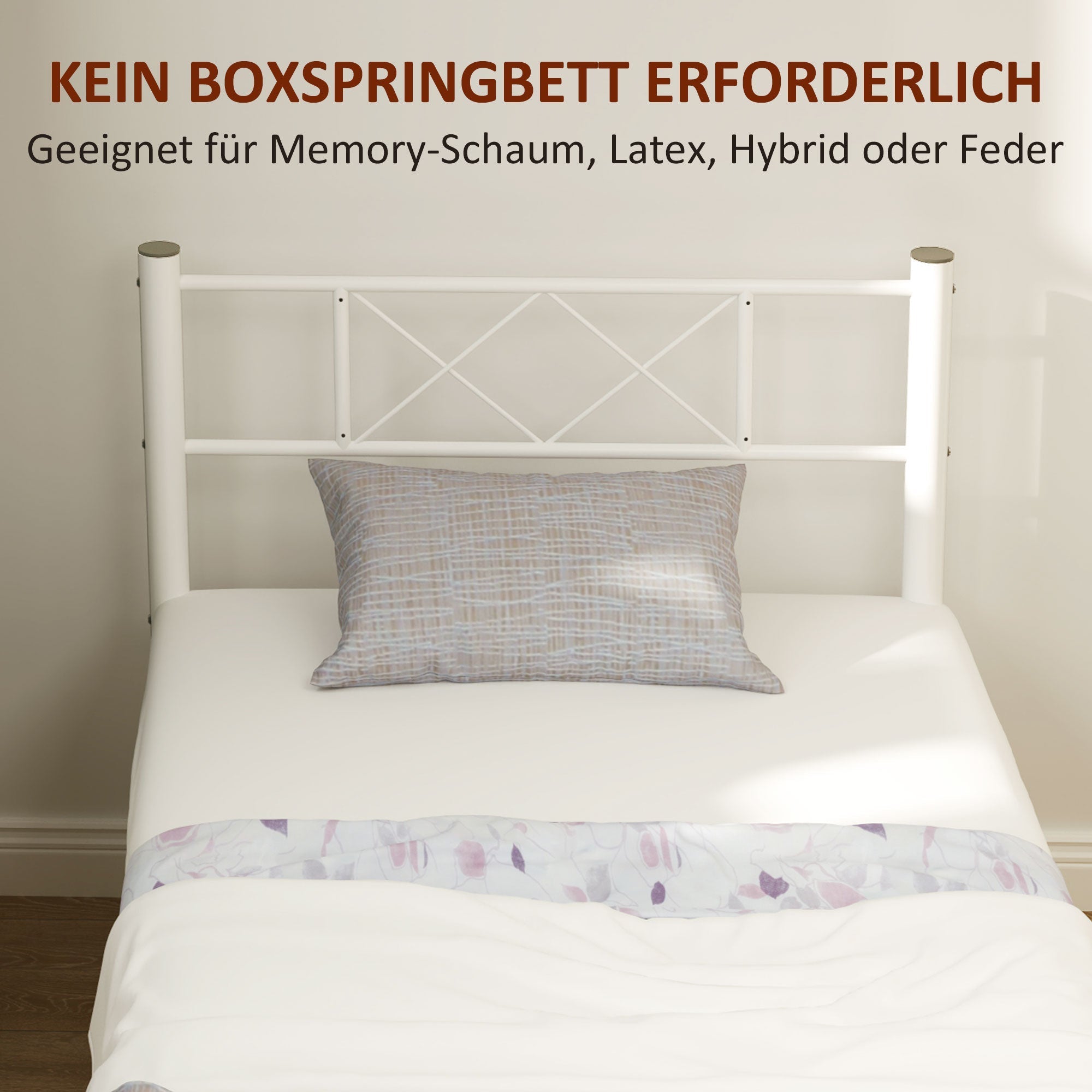 Bed Frame, 200 x 90 cm, 88 cm High, Single, Steel, White