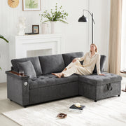 Modern L-shaped Sofa Bed, Pull-out Storage USB Charger Armrest Shelf, Grey