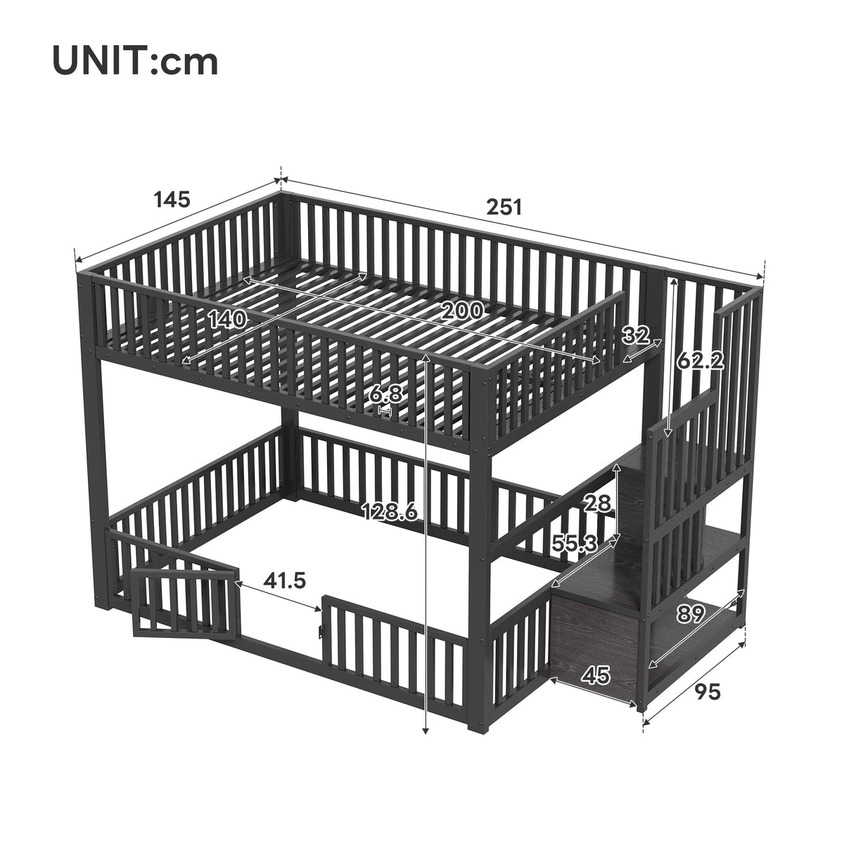 Bunk Bed with Storage Ladder and LED, 140x200cm, Black Metal + MDF