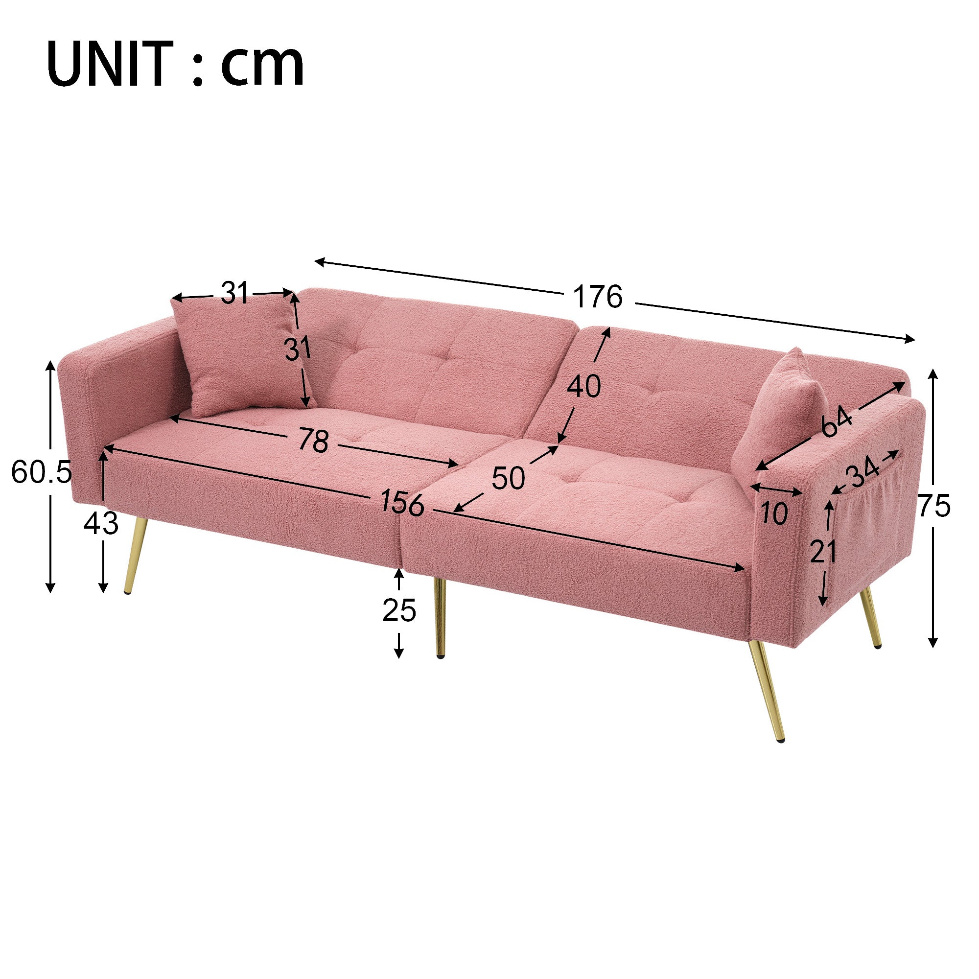 Sofa Bed, Adjustable Backrest, Gold Legs & Storage Pockets