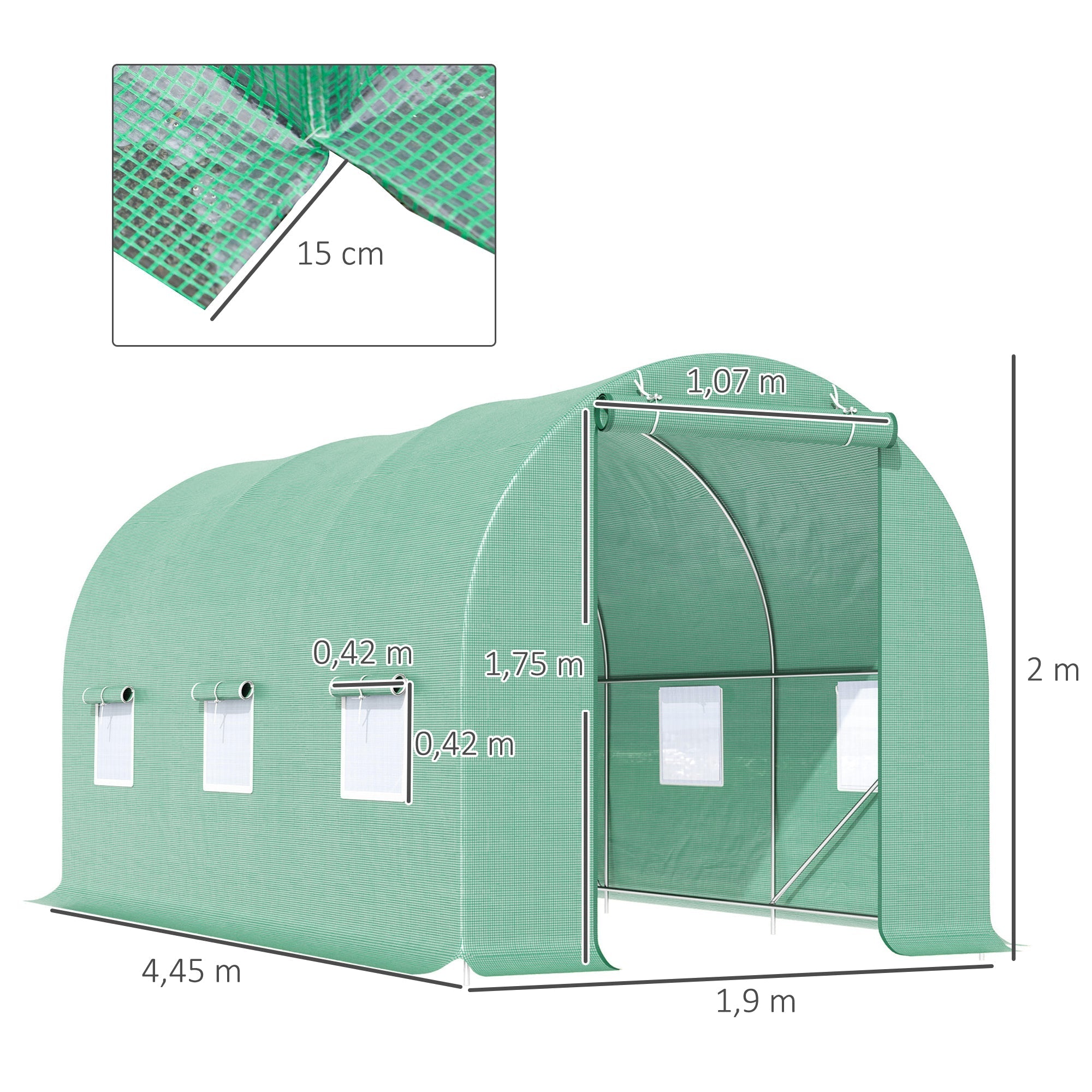 Polytunnel Greenhouse/Tomato Greenhouse with Window 445x190x200cm, Green
