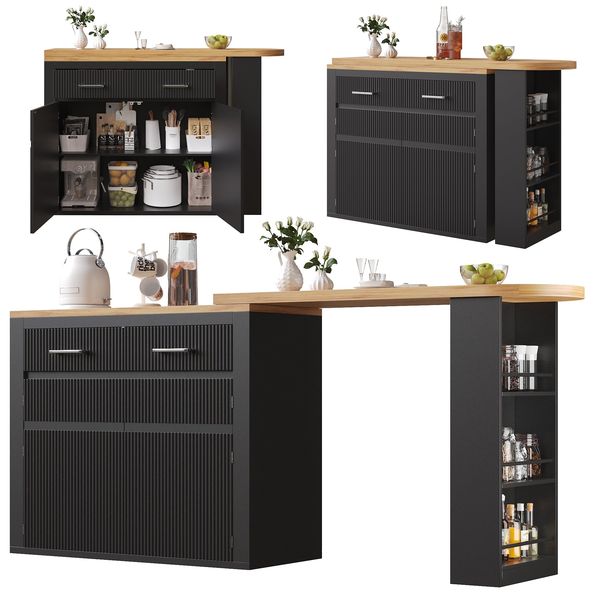 Extendable Bar Table Telescopic Storage Drawer Shelves - Black