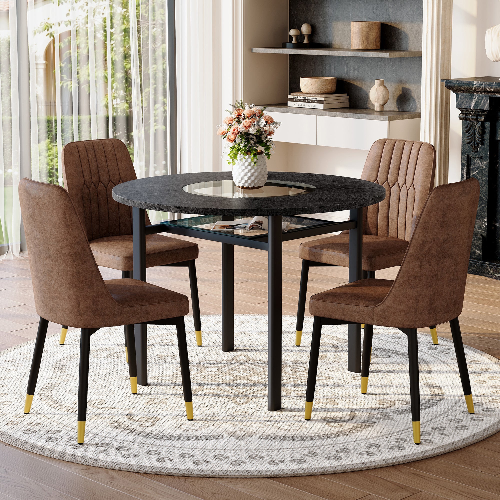 Round Dining Set 100cm 4 Tech Fabric Chairs - Black Wood Look/Brown