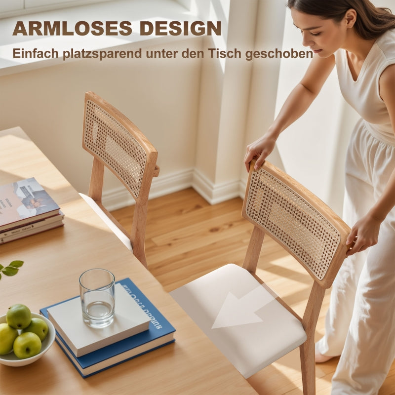 Dining Chair, Rattan Backrest, Faux Leather Seat, Rubber Wood, Natural Wood