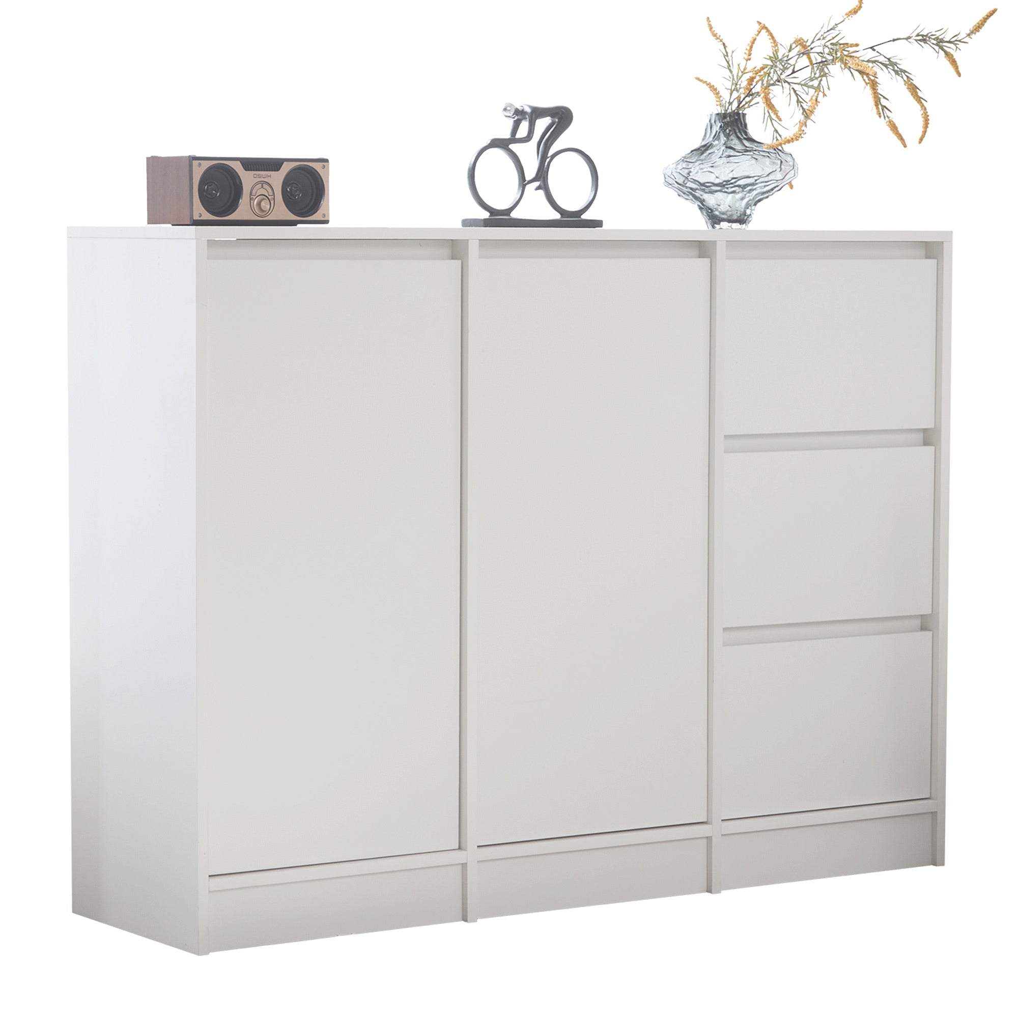 Modern Sideboard Chest of Drawers Shoe Cabinet with Storage, Two Doors, Three Drawers, Adjustable Shelf, White