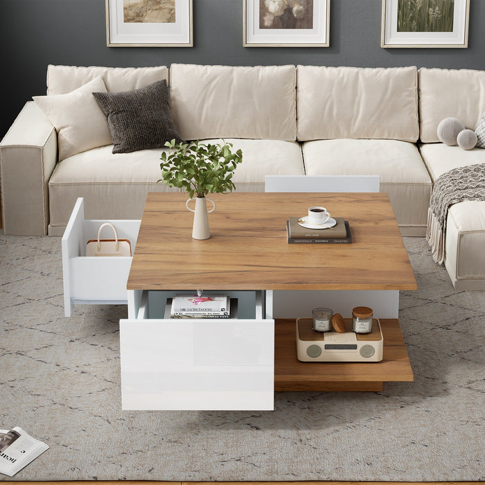 Coffee Table 70x70x31.5cm, 3 Drawers, High-Gloss, White & Original Wood Color
