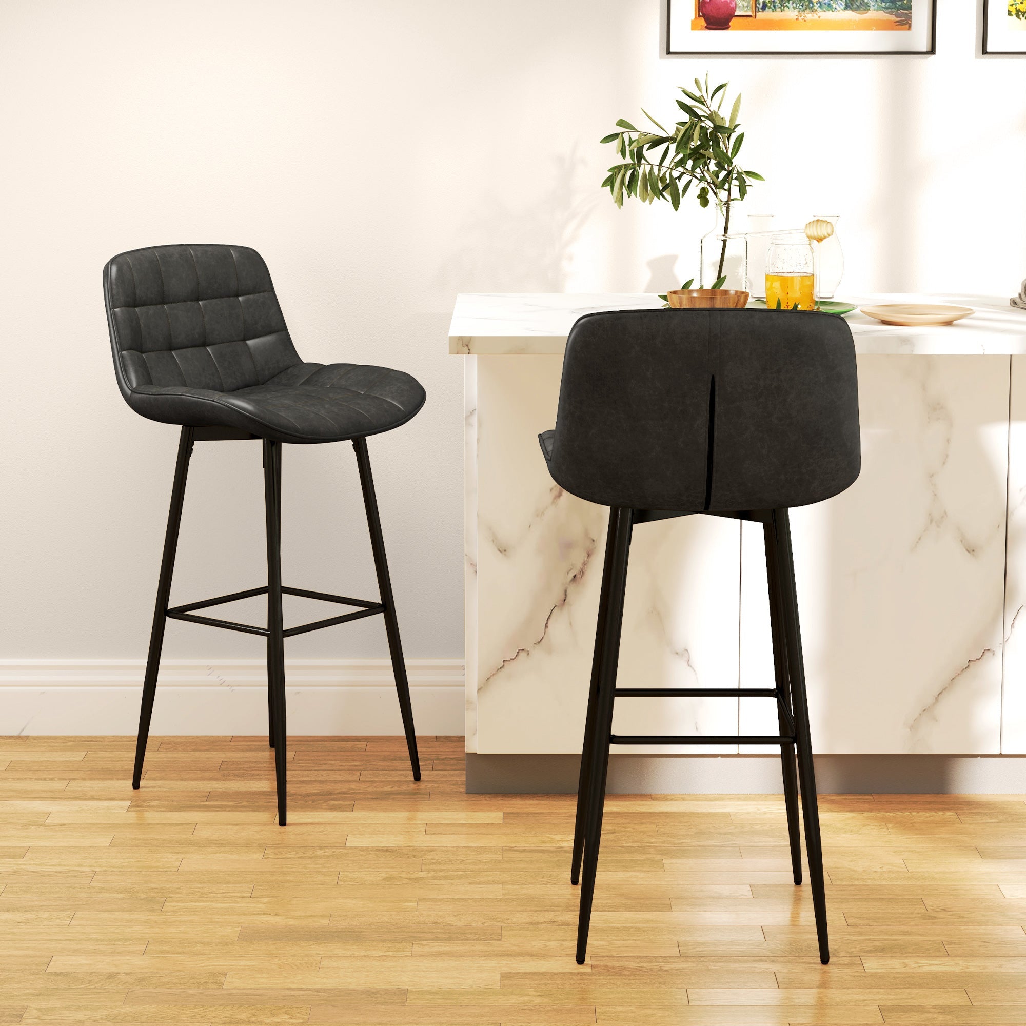 Bar Stools, Set of 2, Swivel, Footrest, Dark Grey