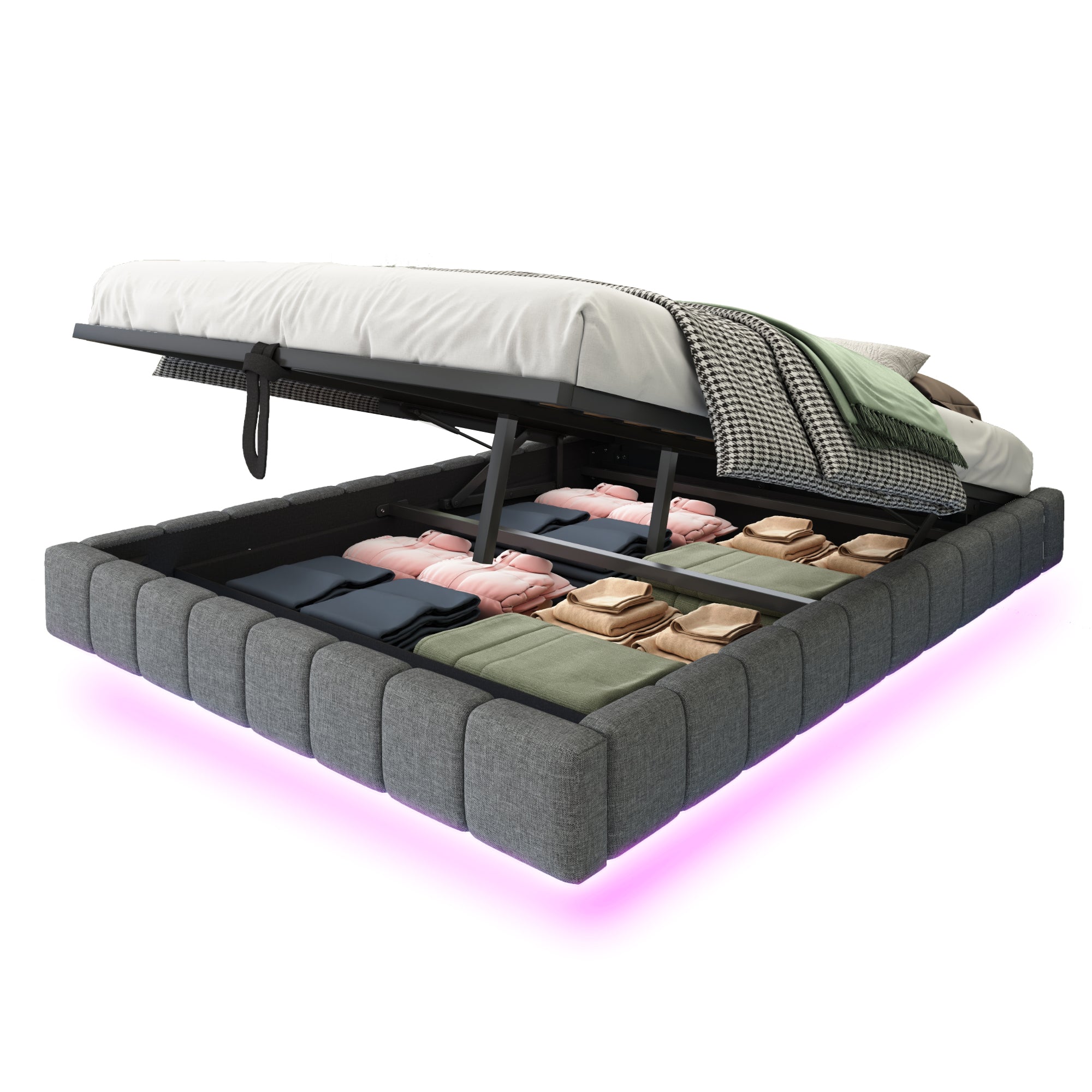 Upholstered Bed, 140x200 cm Hydraulic Floating with Storage & LED Light, Linen Grey