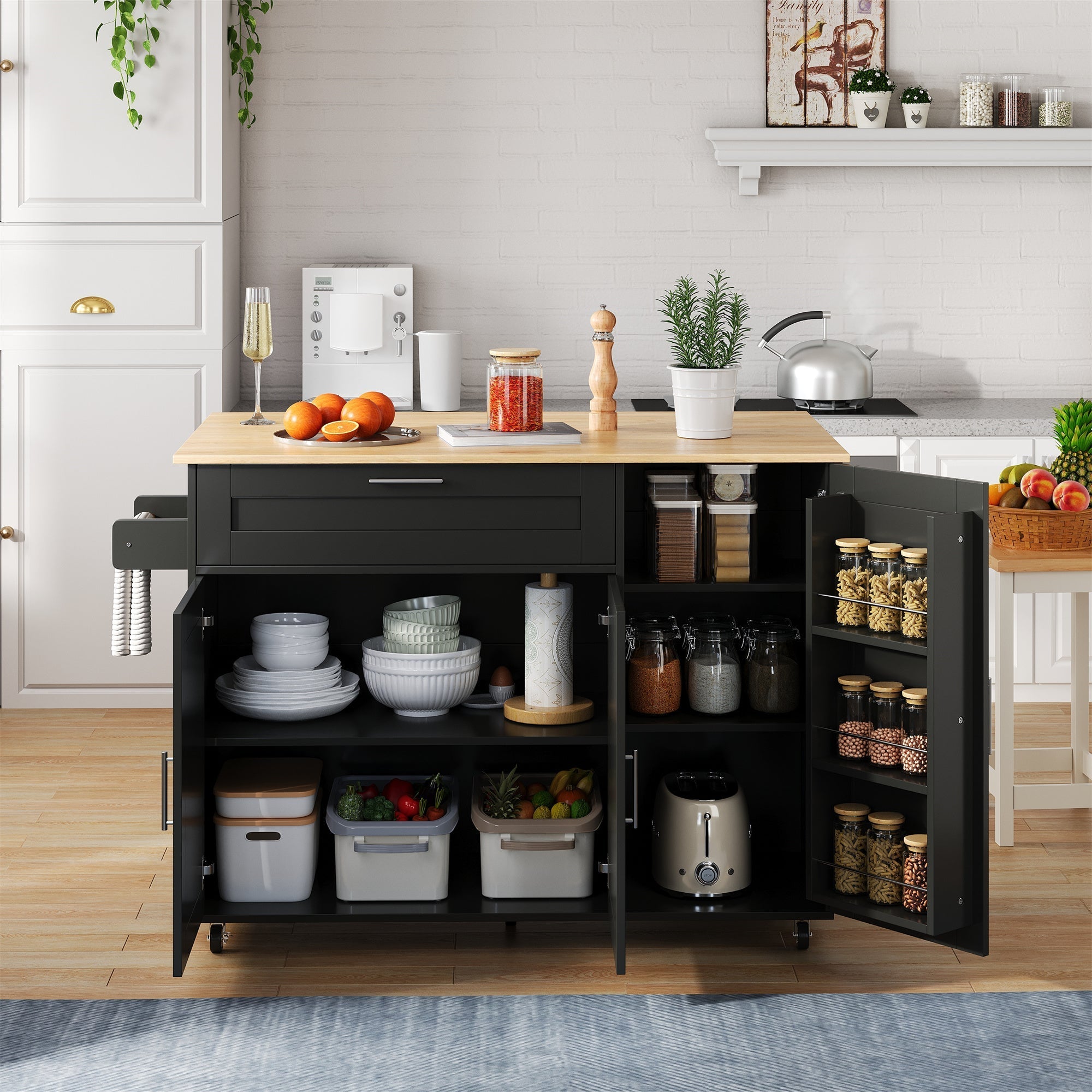 Mobile Kitchen Table Folding Worktop Cabinet Spice Rack 5 Casters - Oak Grain