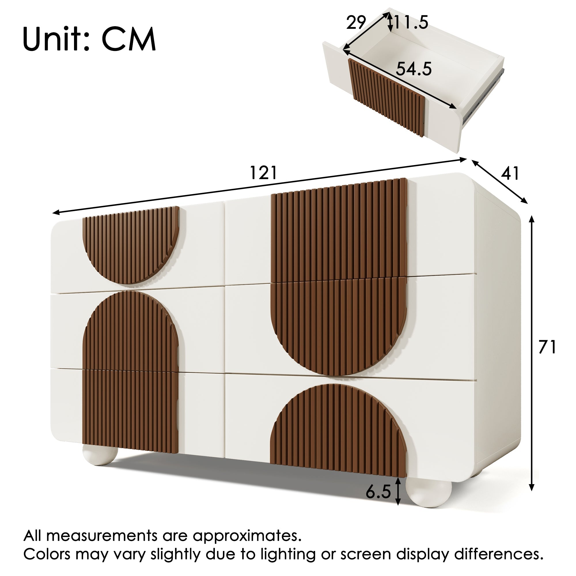 Chest of drawers 6 drawers curved design Elegant white with chocolate-colored wooden trim