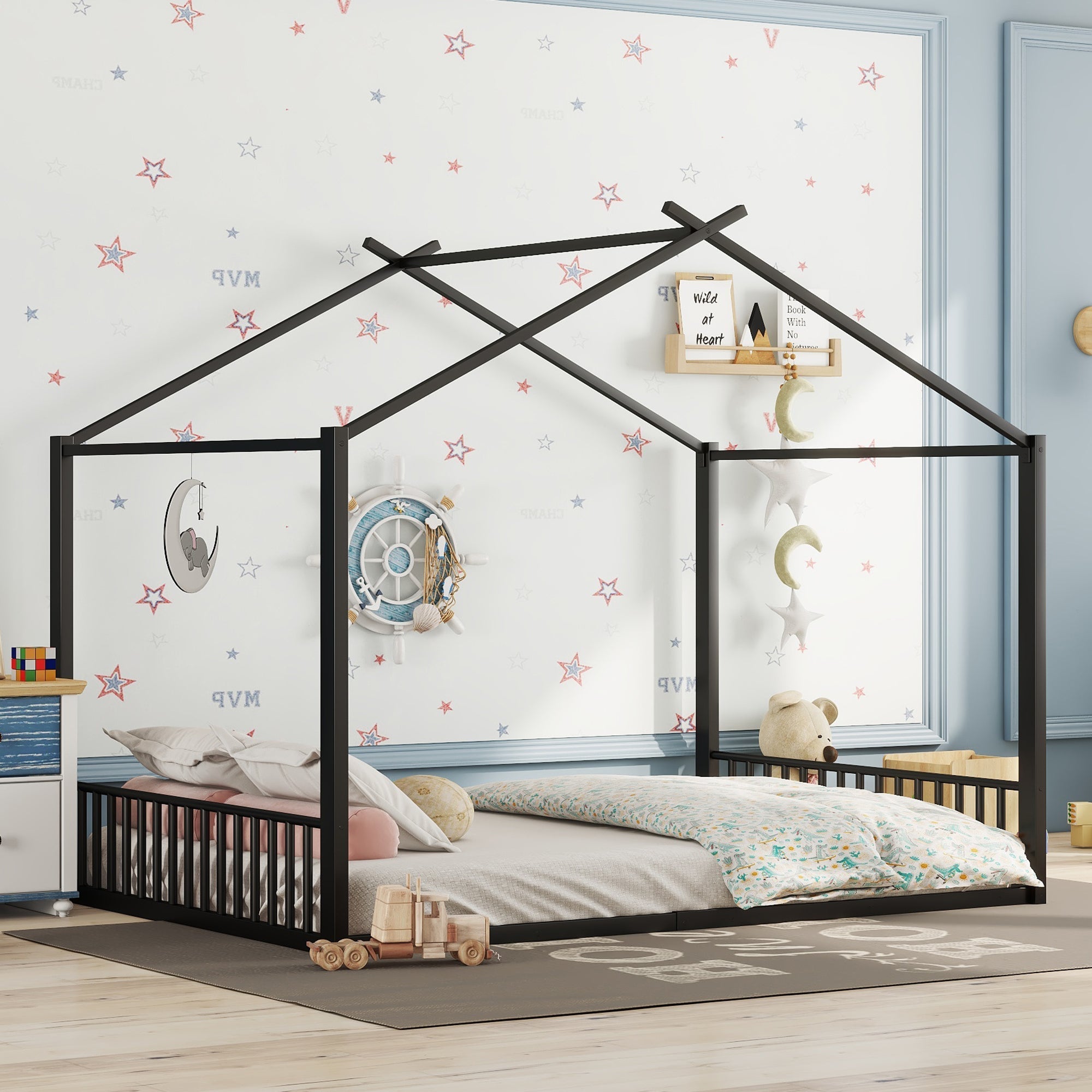 Children's Flat Bed 140x200cm House Rail Iron Frame Black