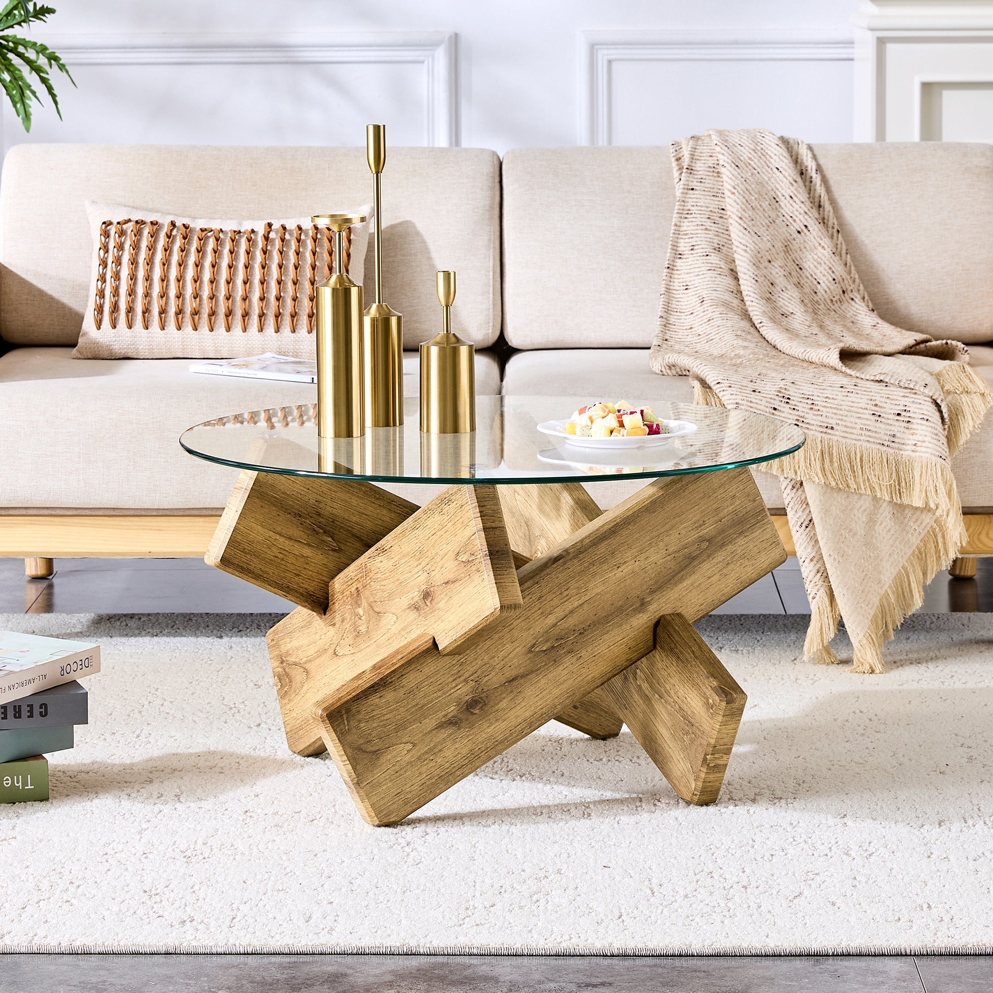 Round Coffee Table Glass Top 79cm Cross Frame - Multi-Color MDF