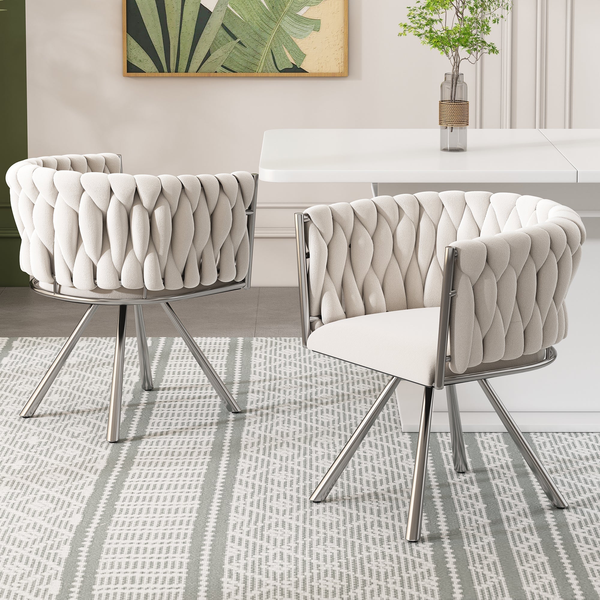 Velvet Dining Chair, Set of 4 Luxury Swivel Leisure Chairs with Metal Legs, Beige and Silver