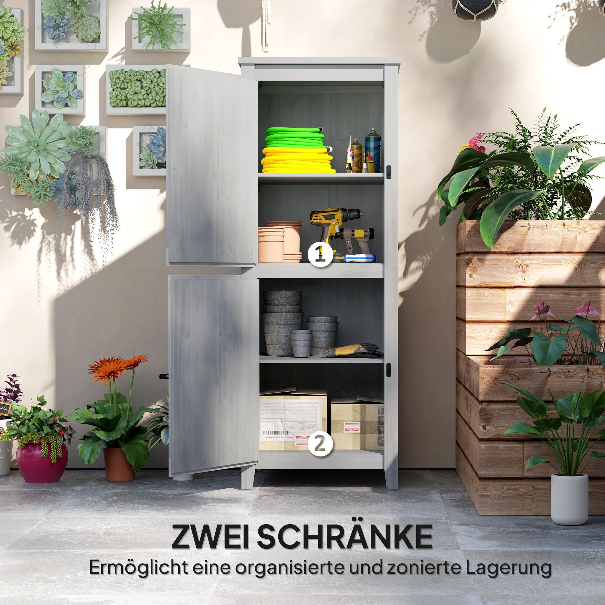 Wooden Garden Shed, Weatherproof Double Door 60x60x160cm Lockable Storage, Light Grey