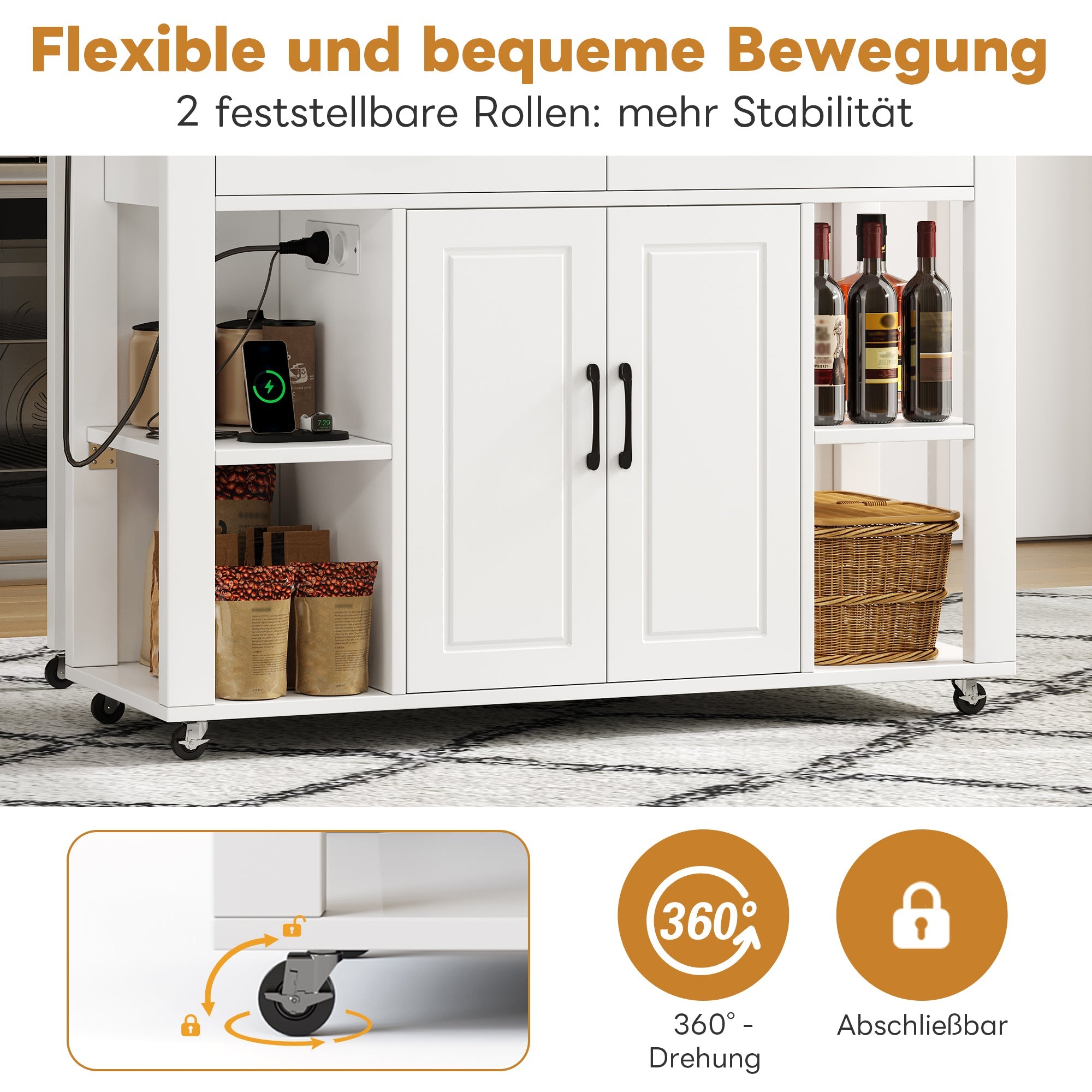 Mobile Kitchen Island with Power Outlets and Extendable Bar Counter, Wood Look