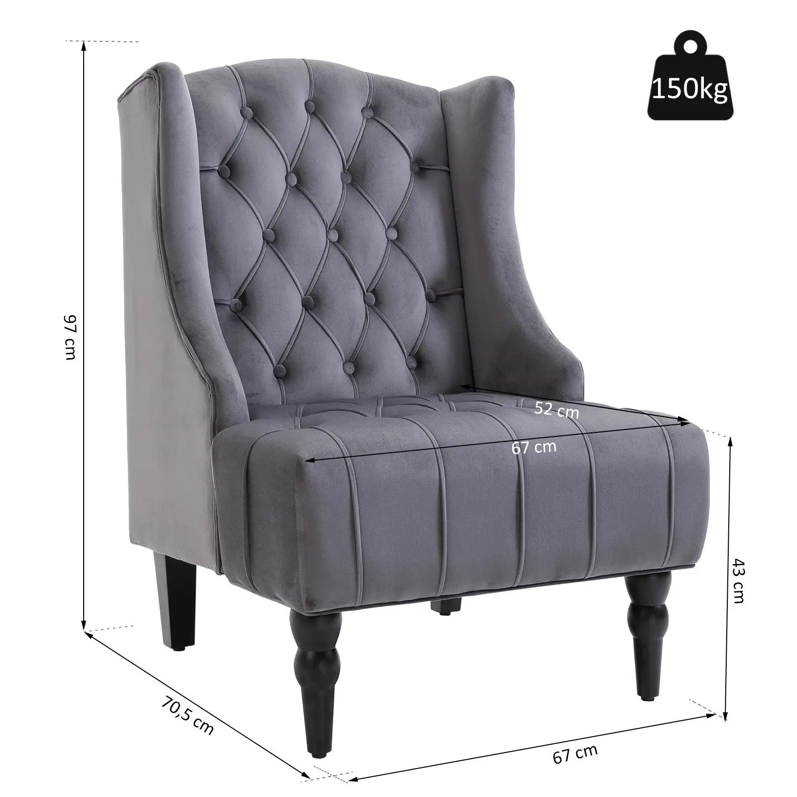 Wingback Chair Recliner, Tufting Raised Legs, Grey Velvet