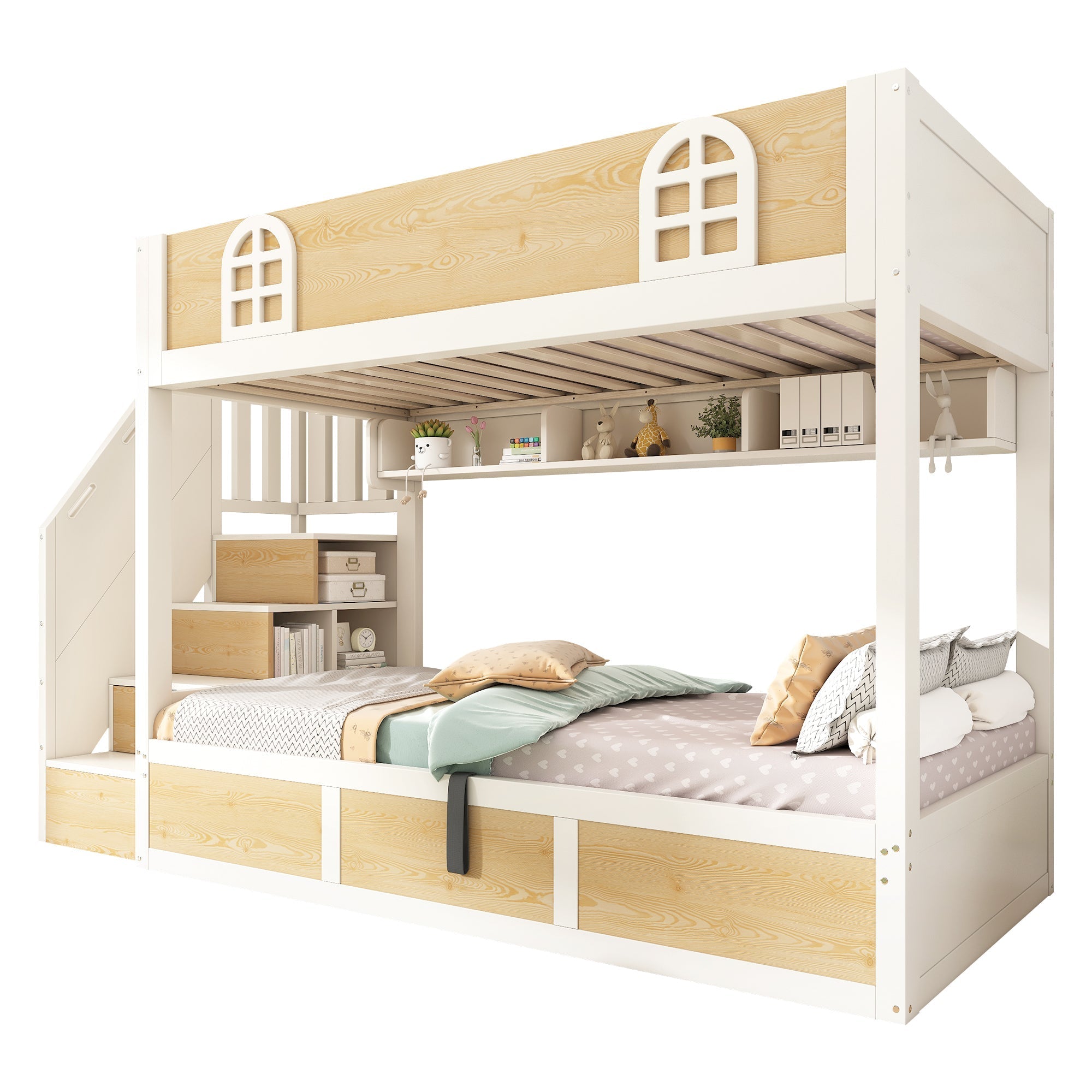 Children's Bunk Bed 90x200cm Staircase Wardrobe Storage White and Natural