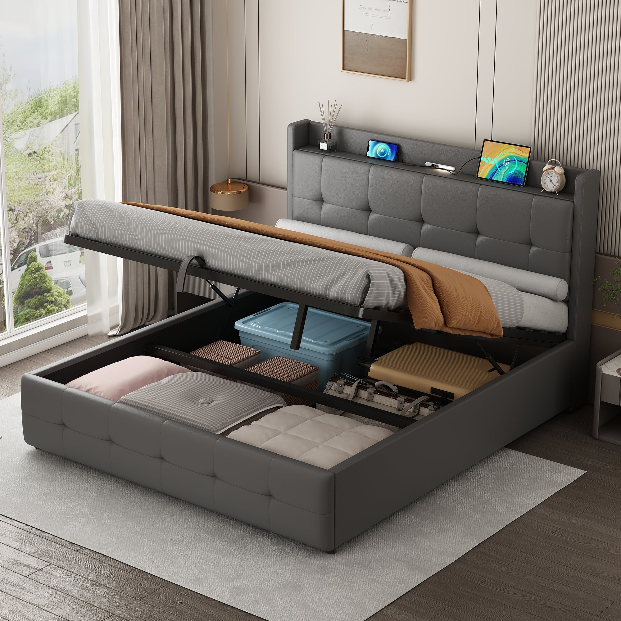 5ft King Upholstered Bed Frame, Hydraulic Storage, Charging Station, LED Night Light, PU Leather, Grey