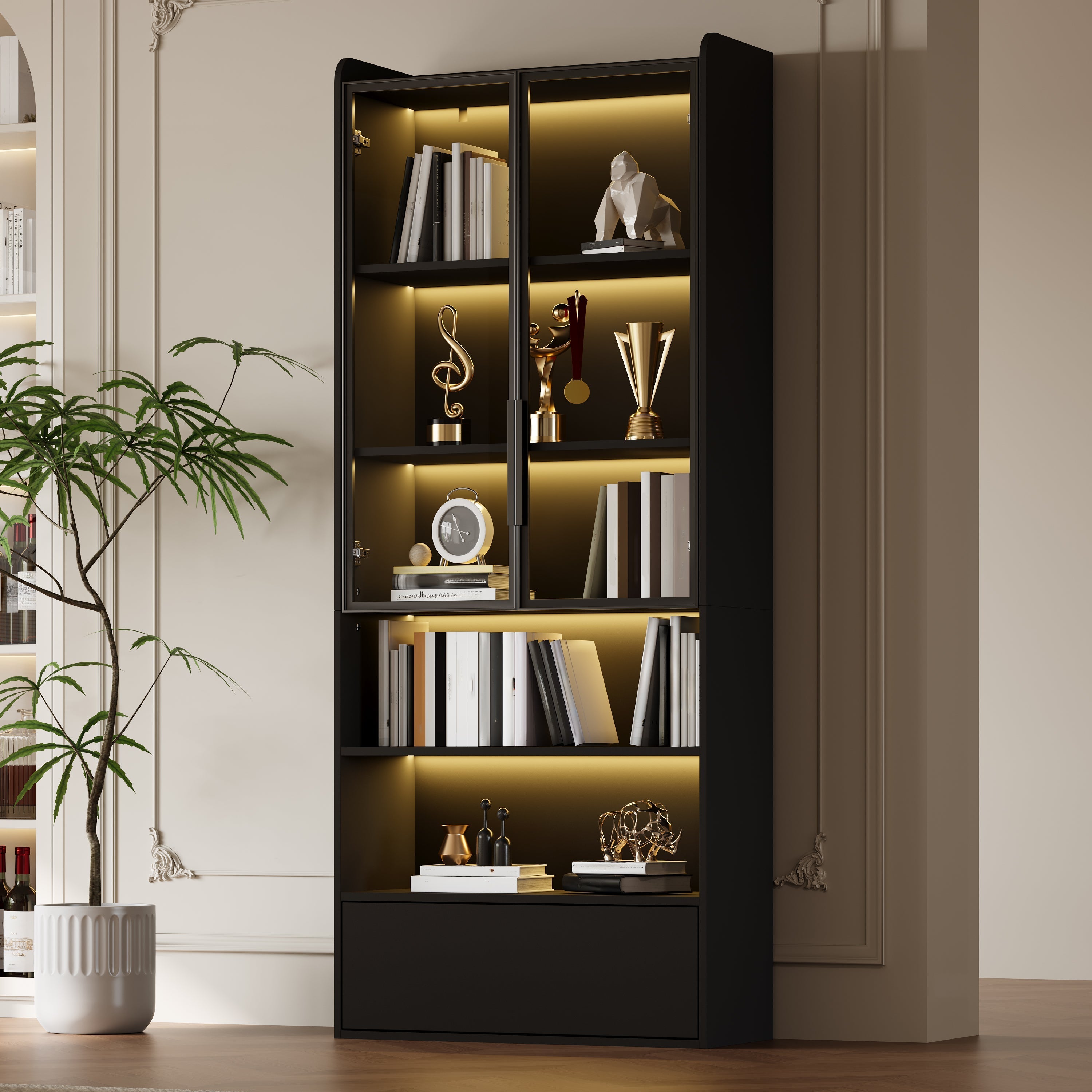Tall Display Cabinet with 1 Drawer, LED Lighting and Glass Doors, Black