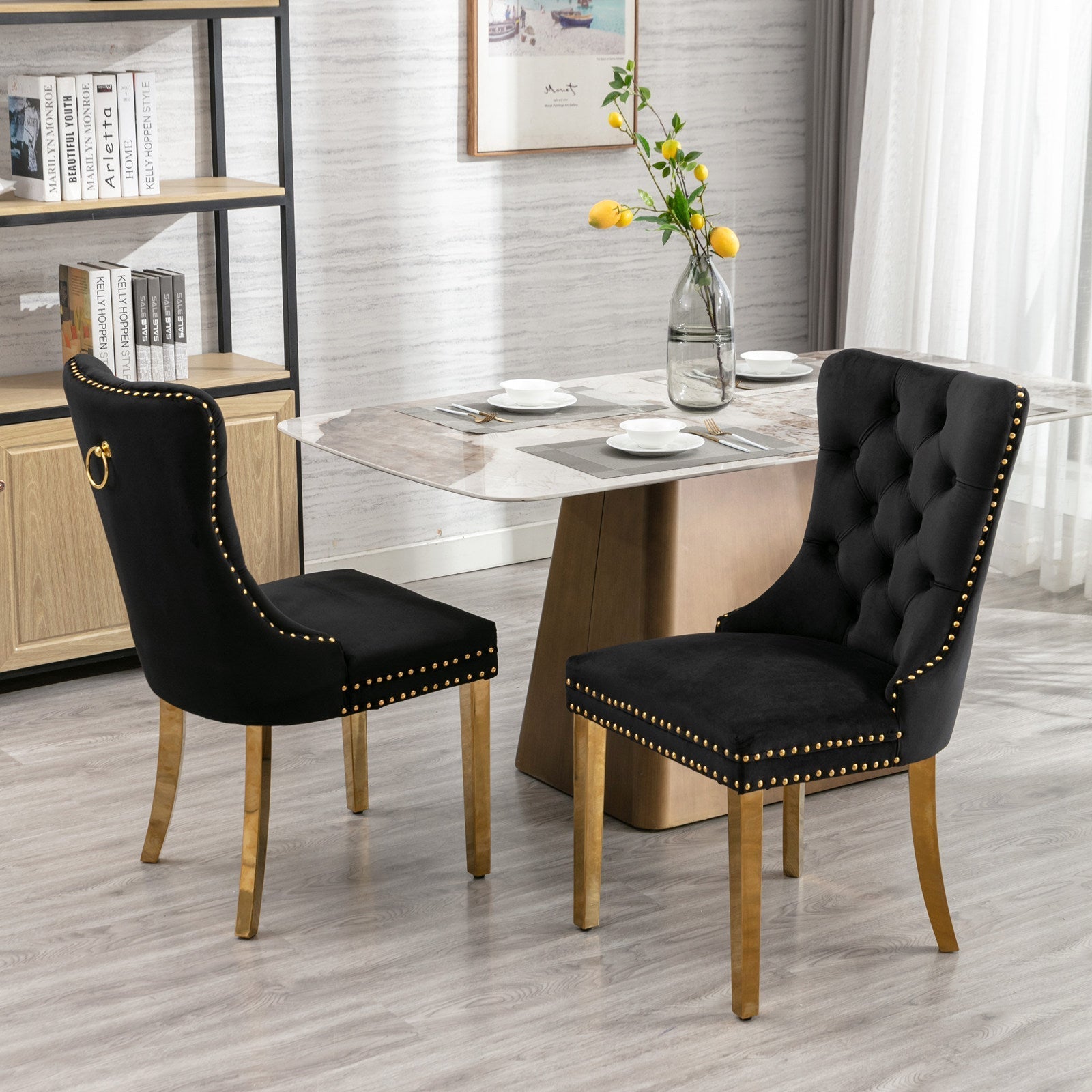 A&A Furniture Nikki Dining Chair Set of 2 Tufted Velvet Golden Steel Legs - Black and Gold