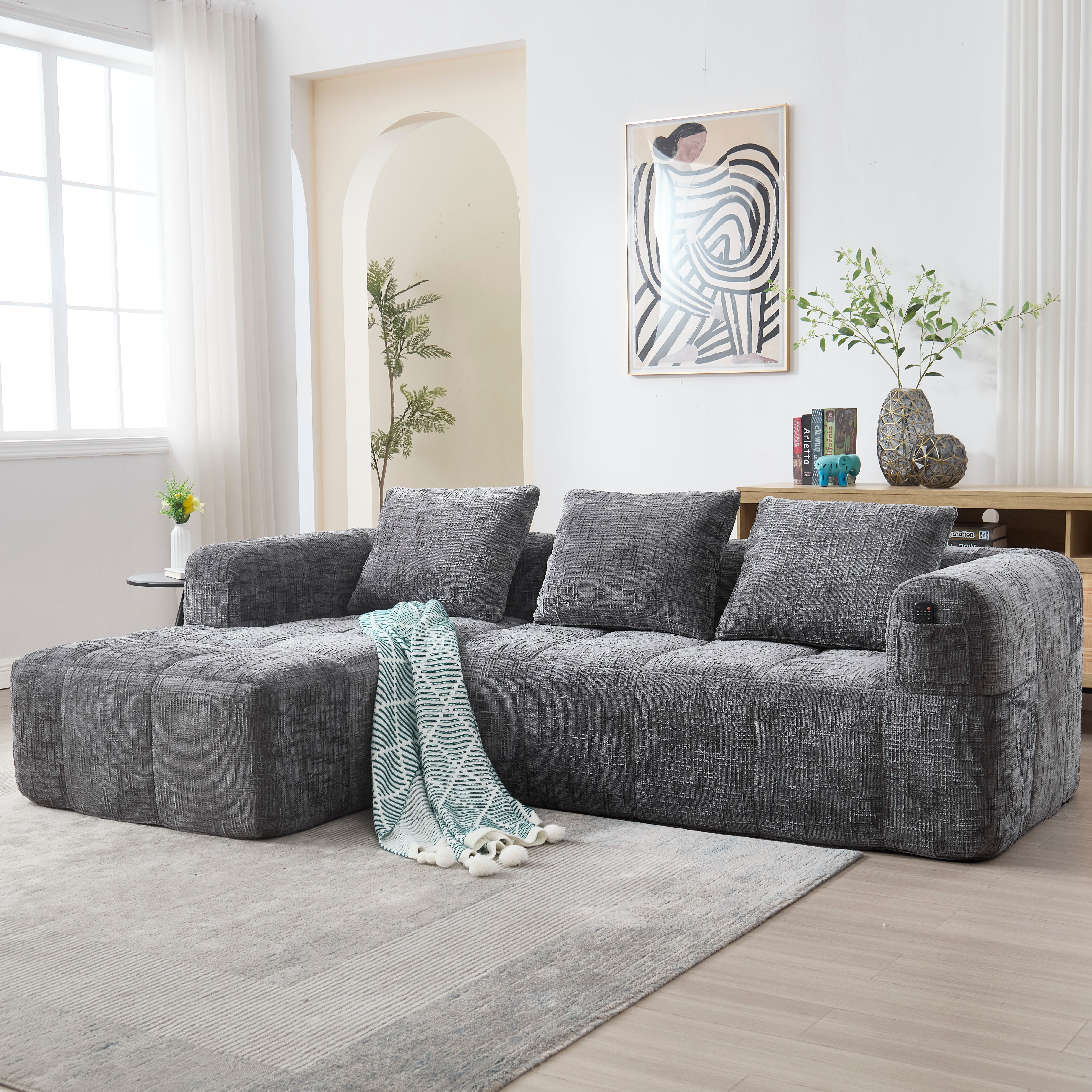 Modern Sectional Sofa L-Shaped 3-Seater Chaise Longue Storage Pocket Chenille Grey