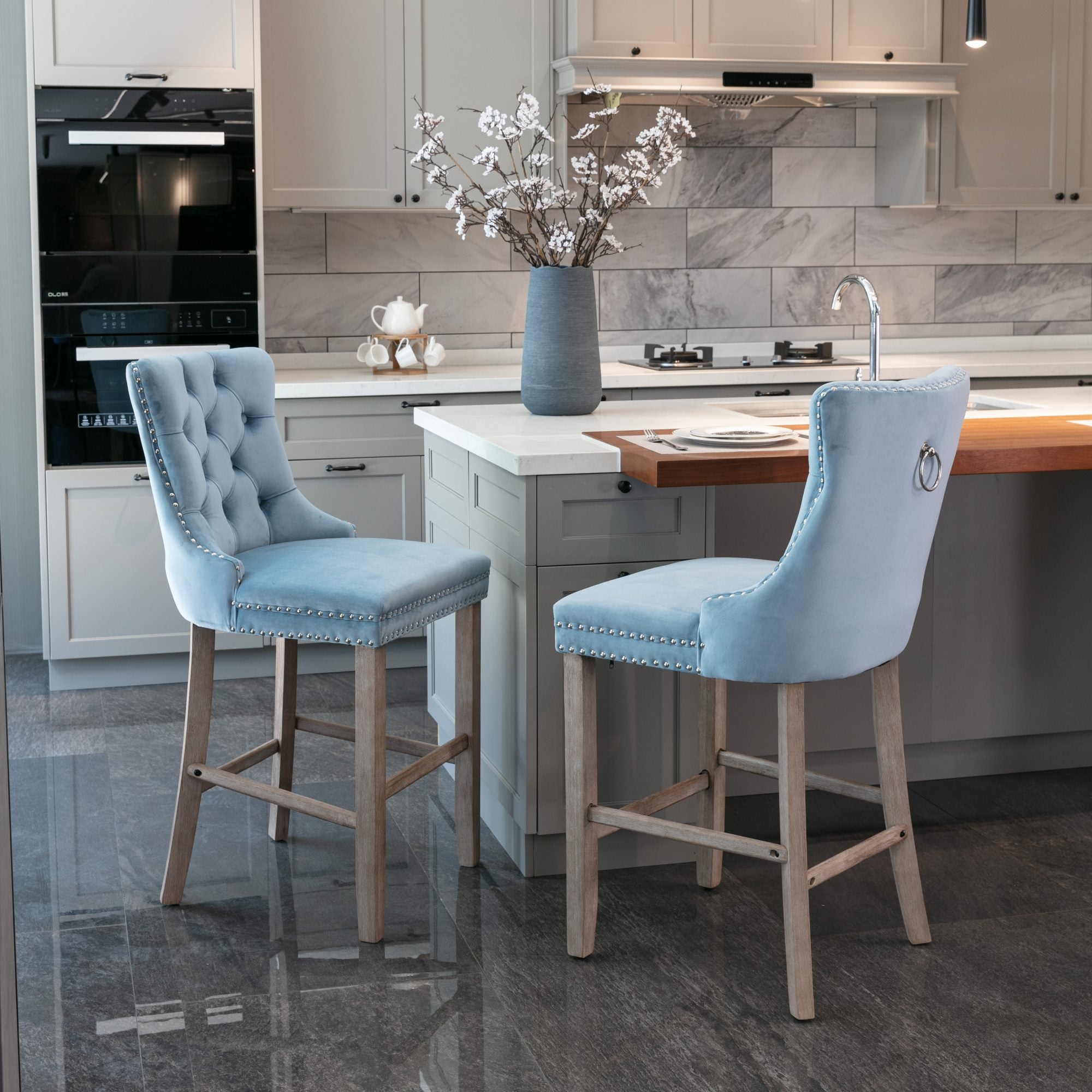 Barstools Set of 2 Velvet Upholstered Button Tufted Wooden Legs - Light Blue