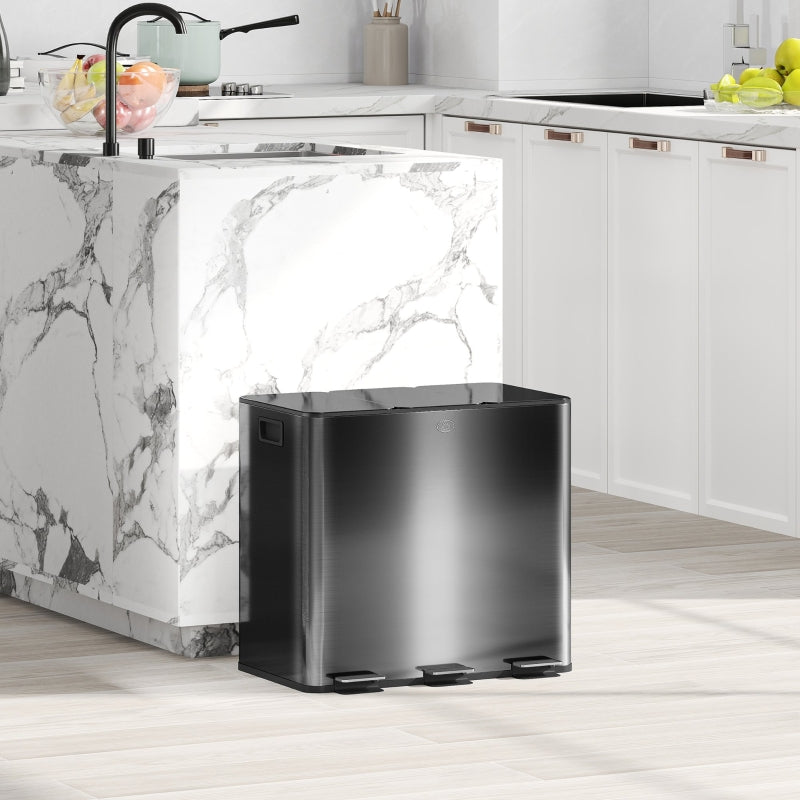 3 x 15L Pedal Bin Triple Kitchen Bin Soft Close Fingerprint-Proof Black