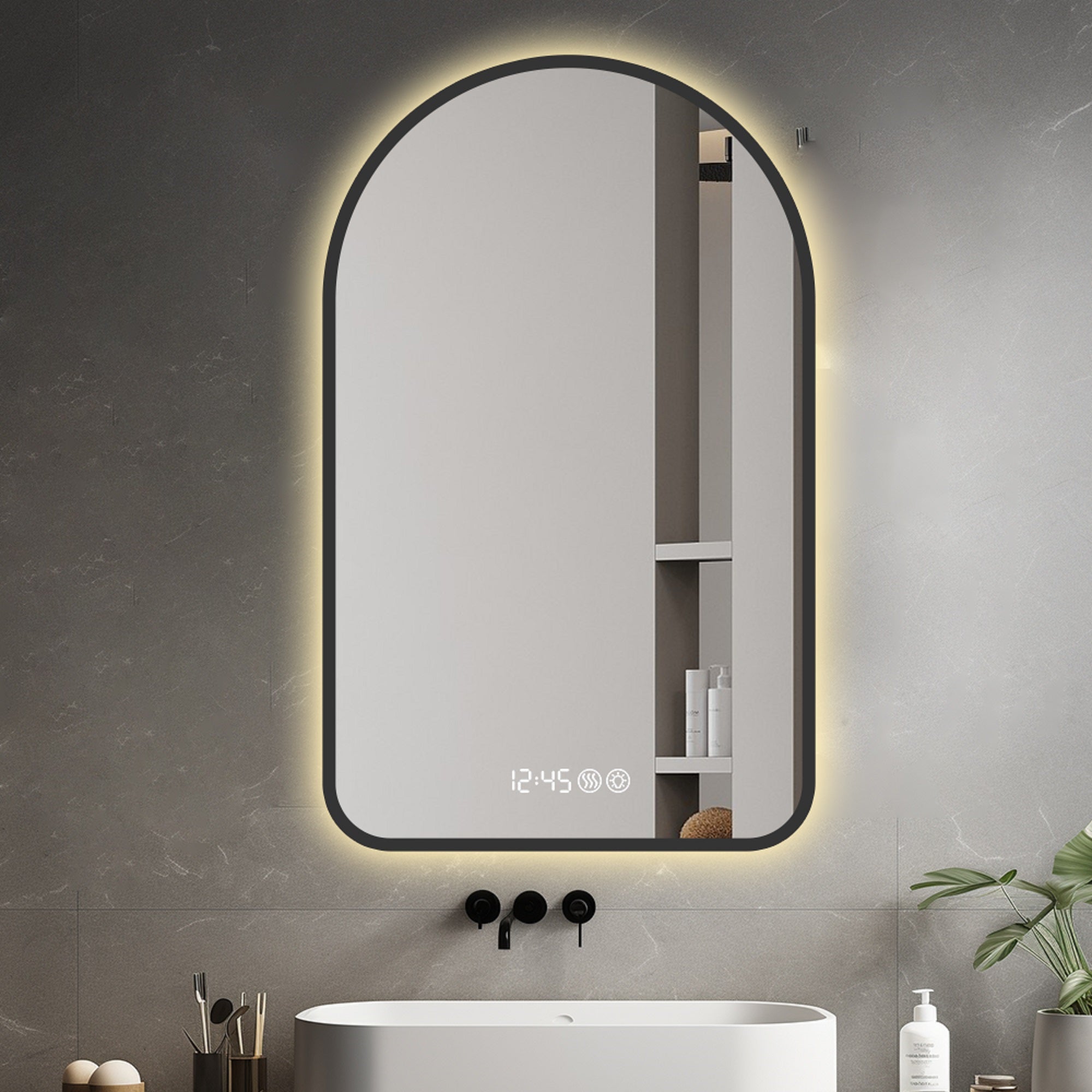 Arched LED Bathroom Mirror, 70x120cm, Anti-Fog, Dimmable, Time/Temp Display, Black Frame
