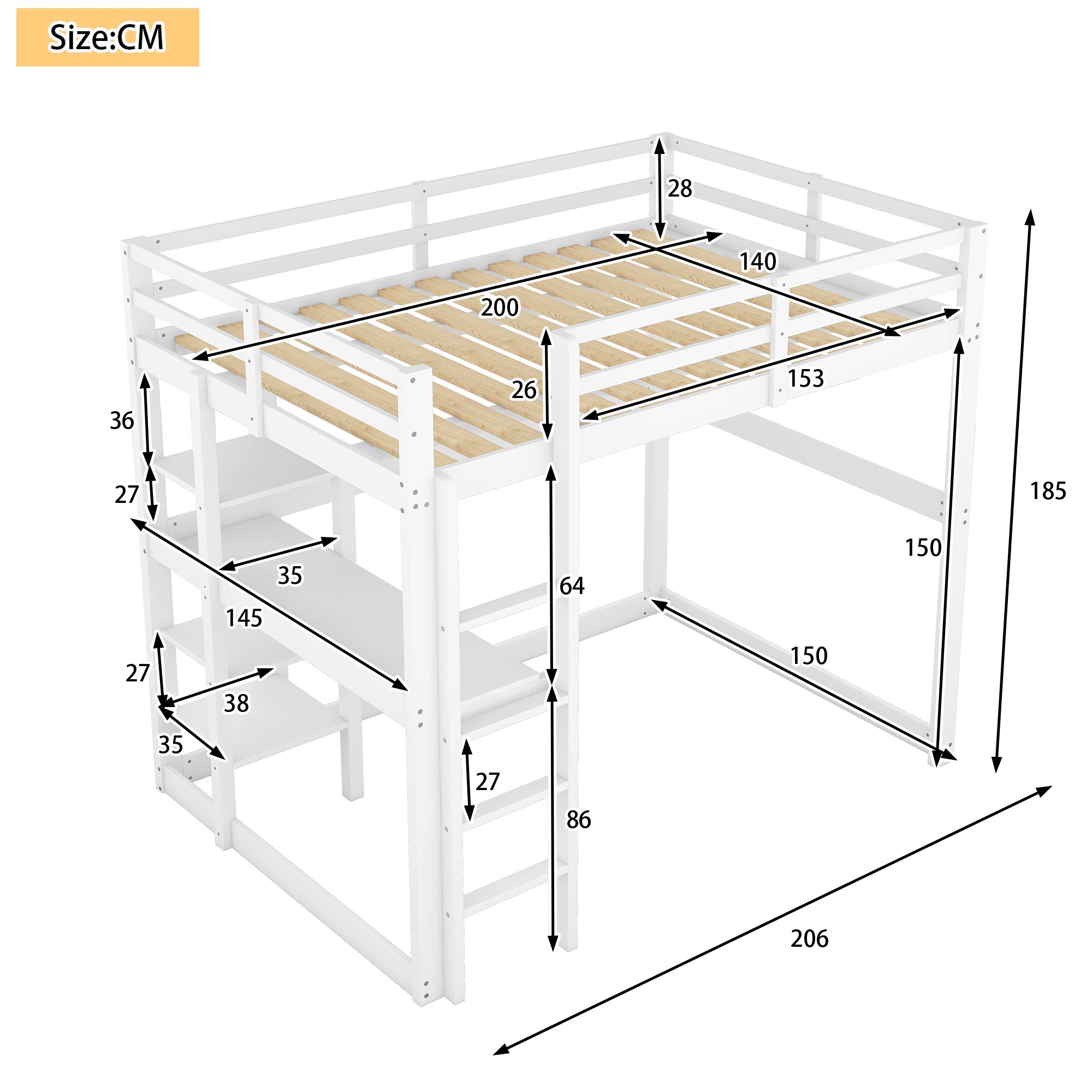 Loft Bed 140x200cm Storage Desk 4 Compartments - White Pine