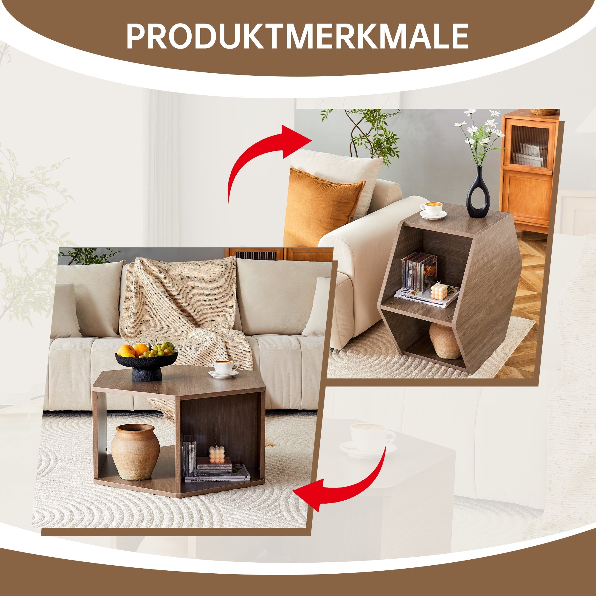 Hexagonal Coffee Table Multifunctional Modern Design 79x69.4x40 cm