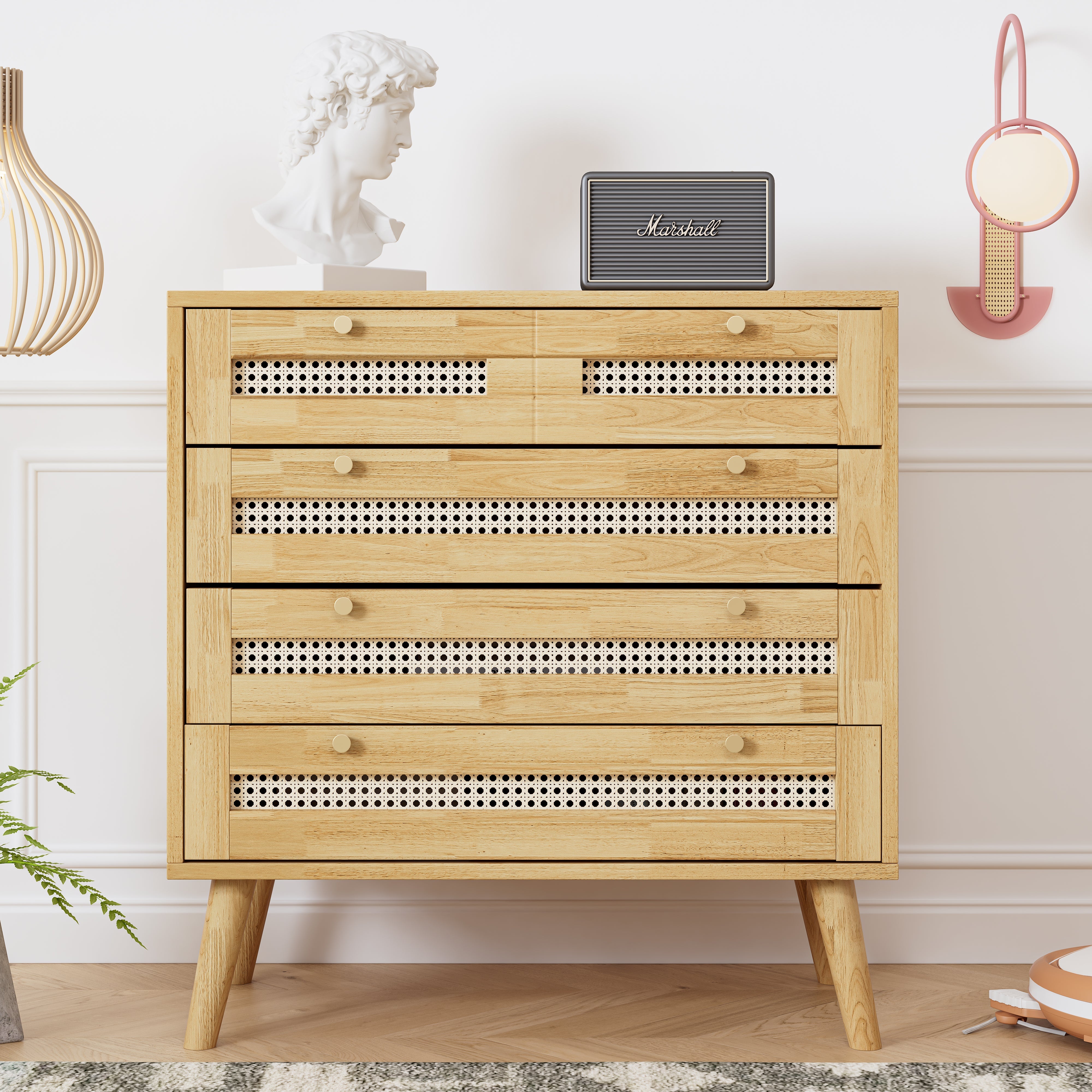 Classic chest of drawers with 3 drawers, rattan drawer top, gold metal handle, wooden legs, chipboard