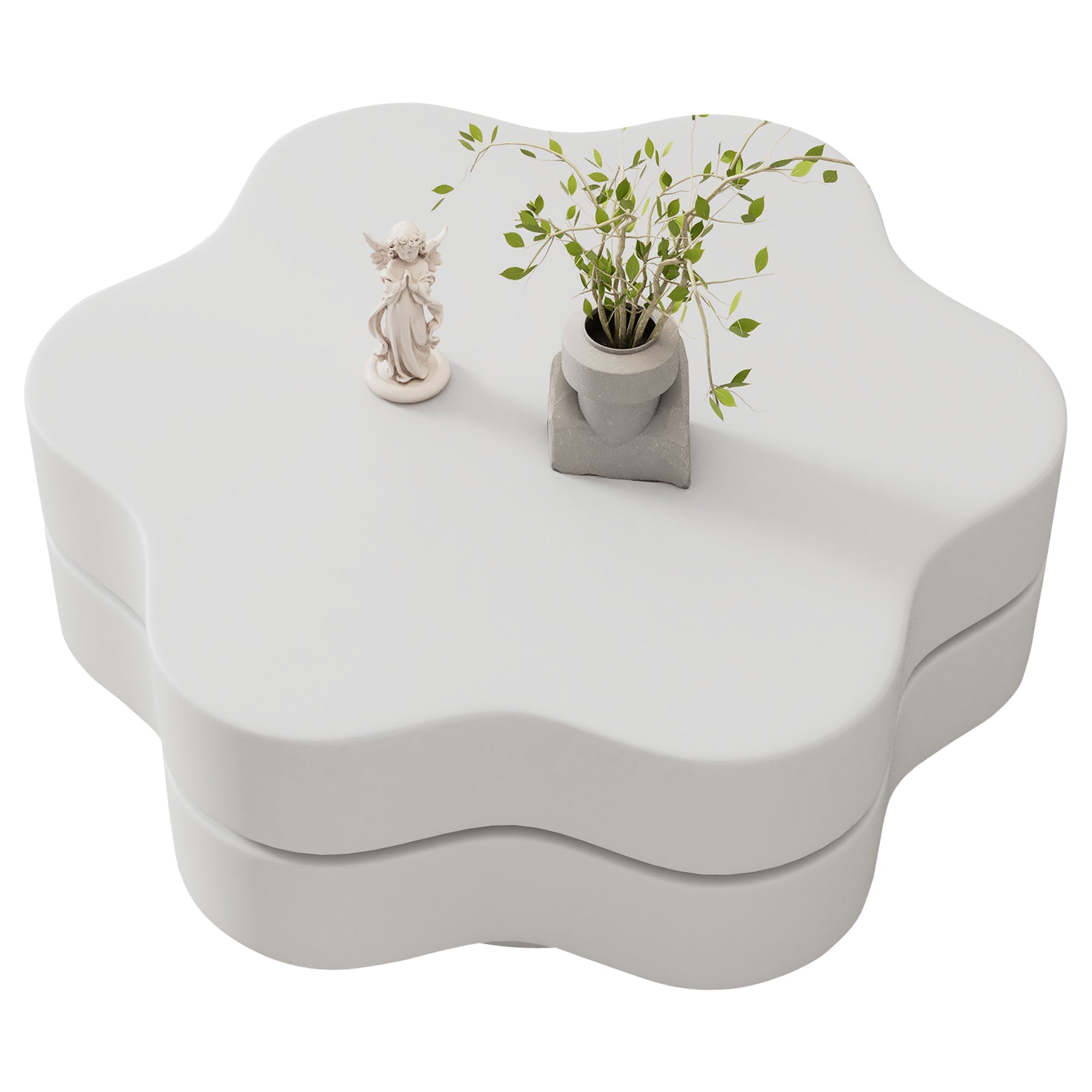 Flower Coffee Table 360° Rotating Double-Layered Storage MDF Cream White