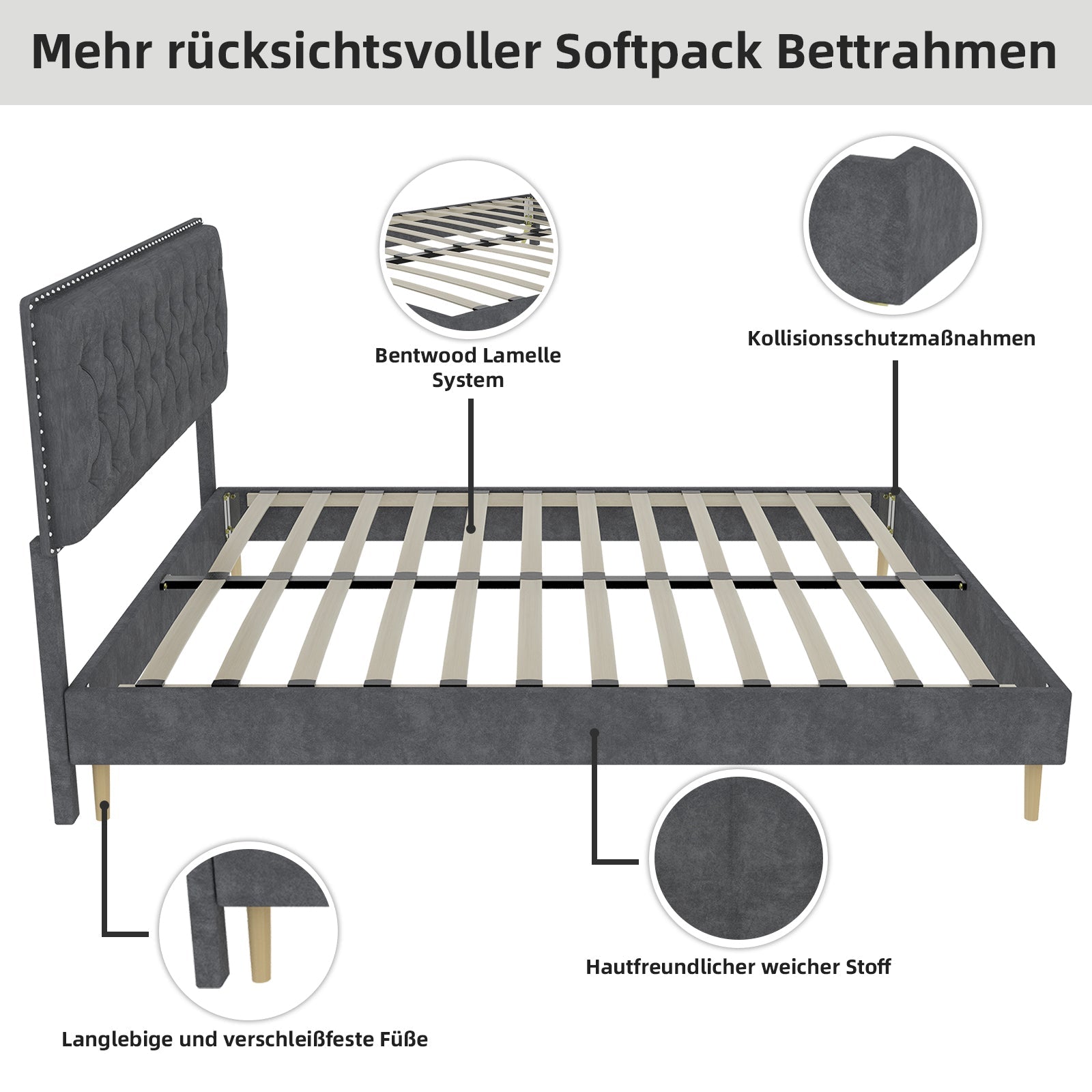 Modern Minimalist Soft Bed, Comfortable Headboard, Low Box Frame, Gray