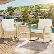 Rattan Balcony Furniture Set, 3-Piece Rocking Chairs with Cushions and 160kg Capacity, Beige Rattan