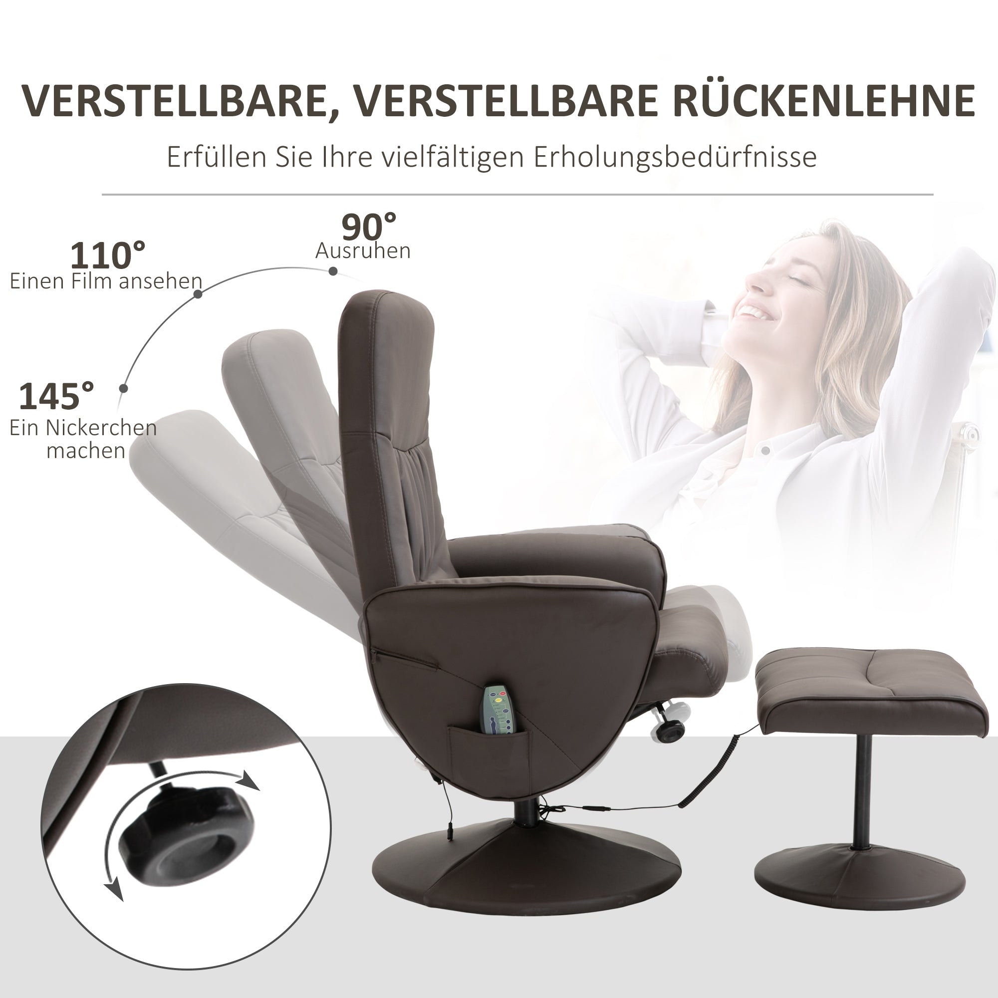 TV Armchair 2-piece Reclining 360° Swivel 10 Massage Points, Faux Leather Brown