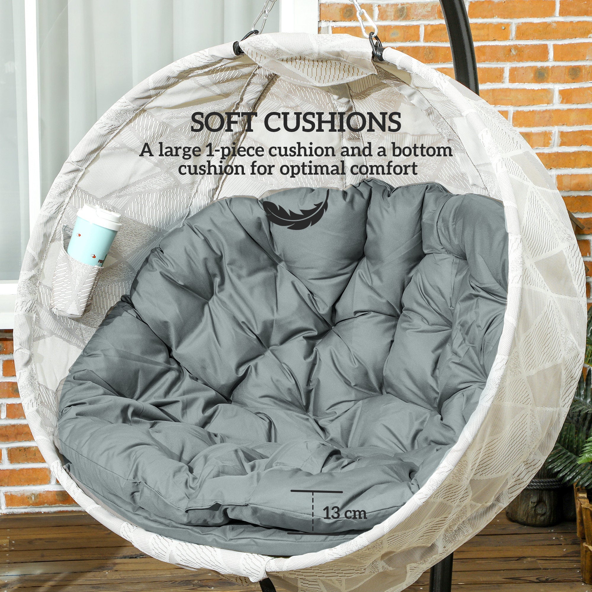 Hanging Egg Chair with Stand, Folding Basket & Cup Holder, Grey