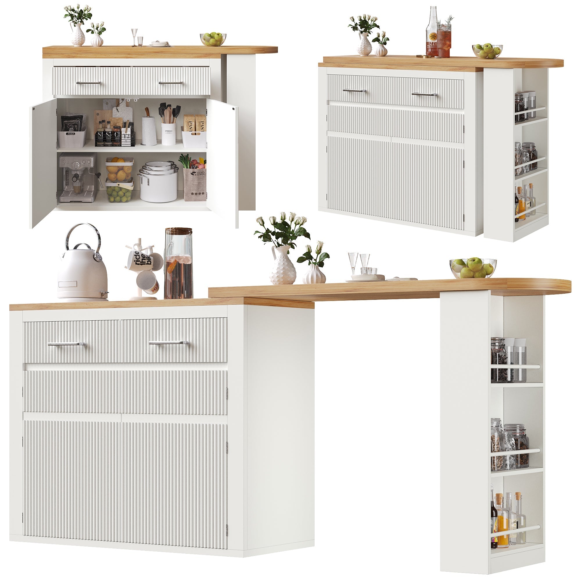 Extendable Bar Table Telescopic Movable Storage Drawer Shelves - White