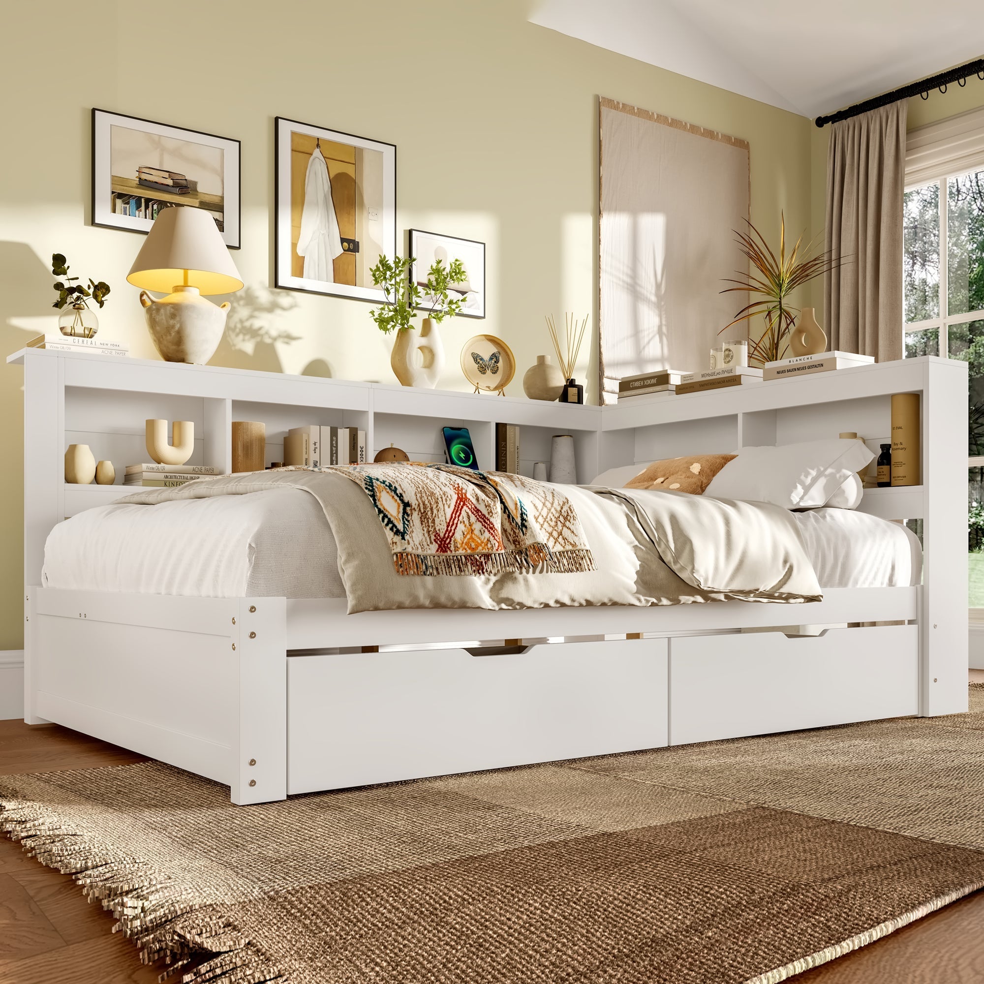 Daybed with 2 Drawers and USB Charging Ports, 140 x 200 cm, White Chipboard
