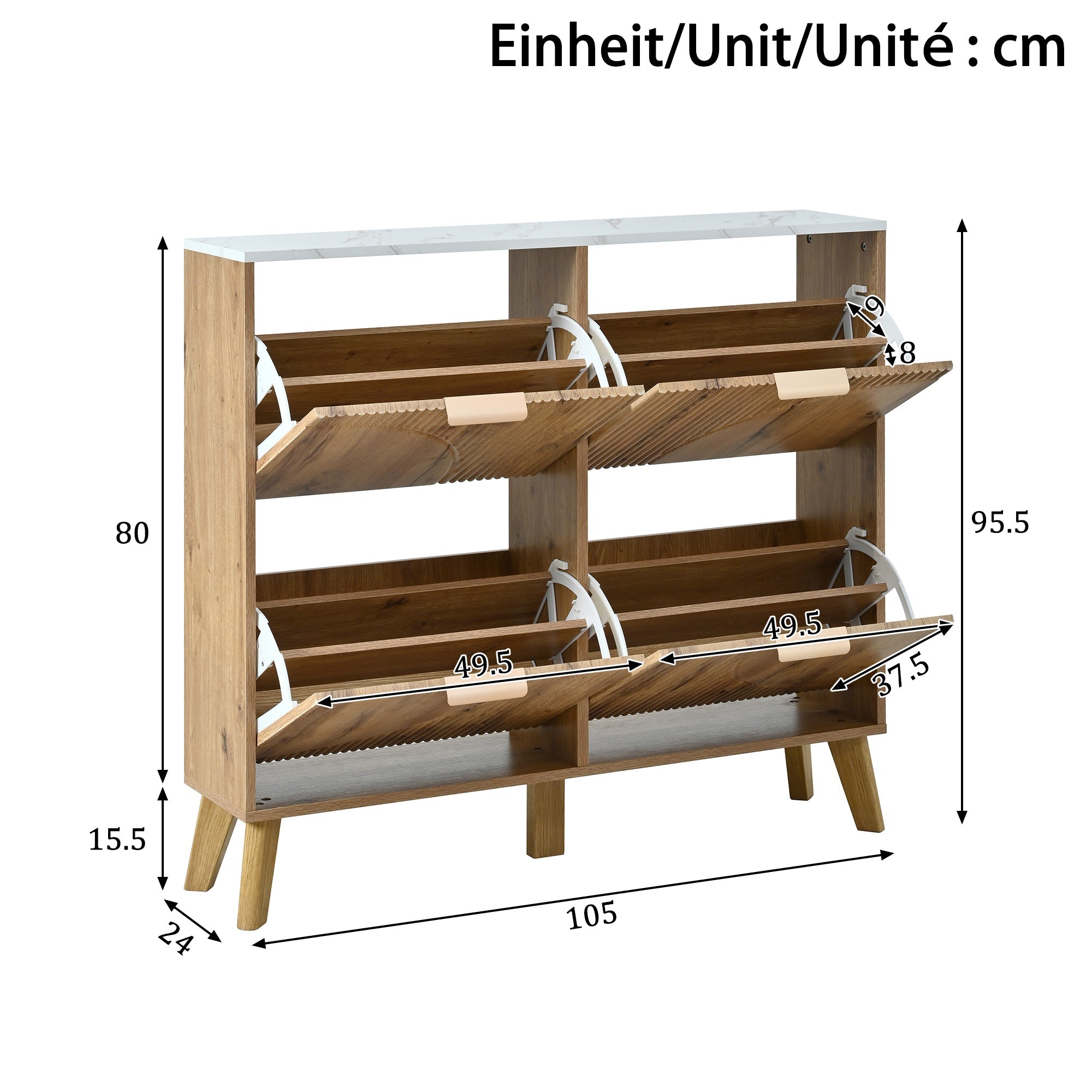 Shoe Cabinet with 4 Doors and Marble Look Worktop, Wood Look and Solid Wood Legs