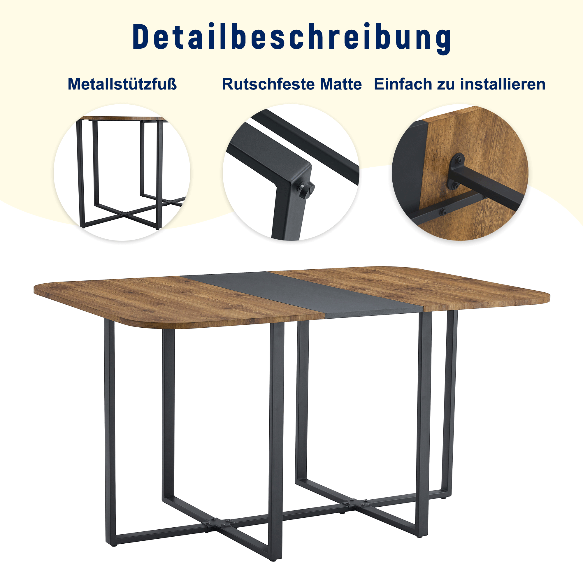 Dining Table Set Extendable Stowable Chairs 4-6 Person Wood Grain Black Metal