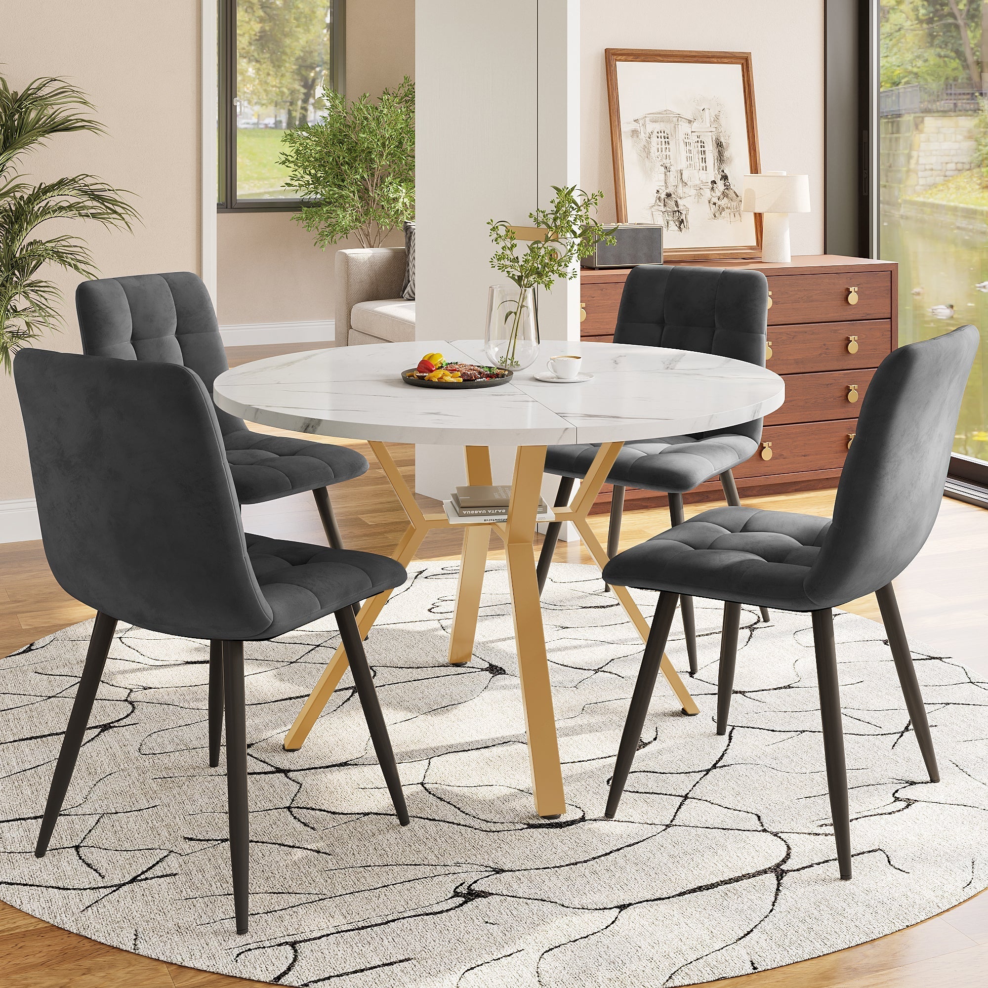 Dining Table Set (5-Piece) - Modern Simple Round Marble with Gold Metal Legs & 4 Ergonomic Velvet Chairs, Gray