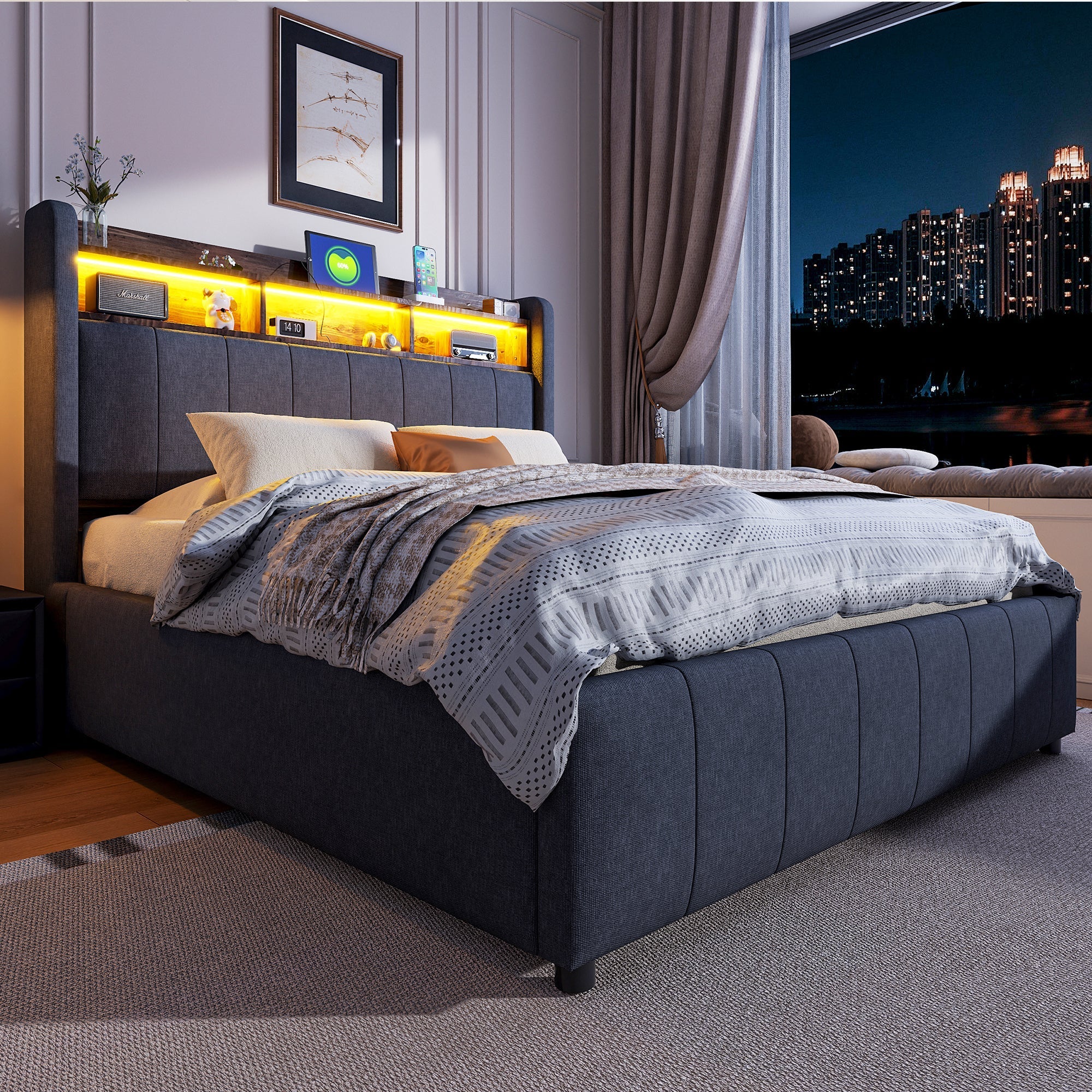 Upholstered Bed 140x200cm, LED & USB, Hydraulic Storage, Grey Linen