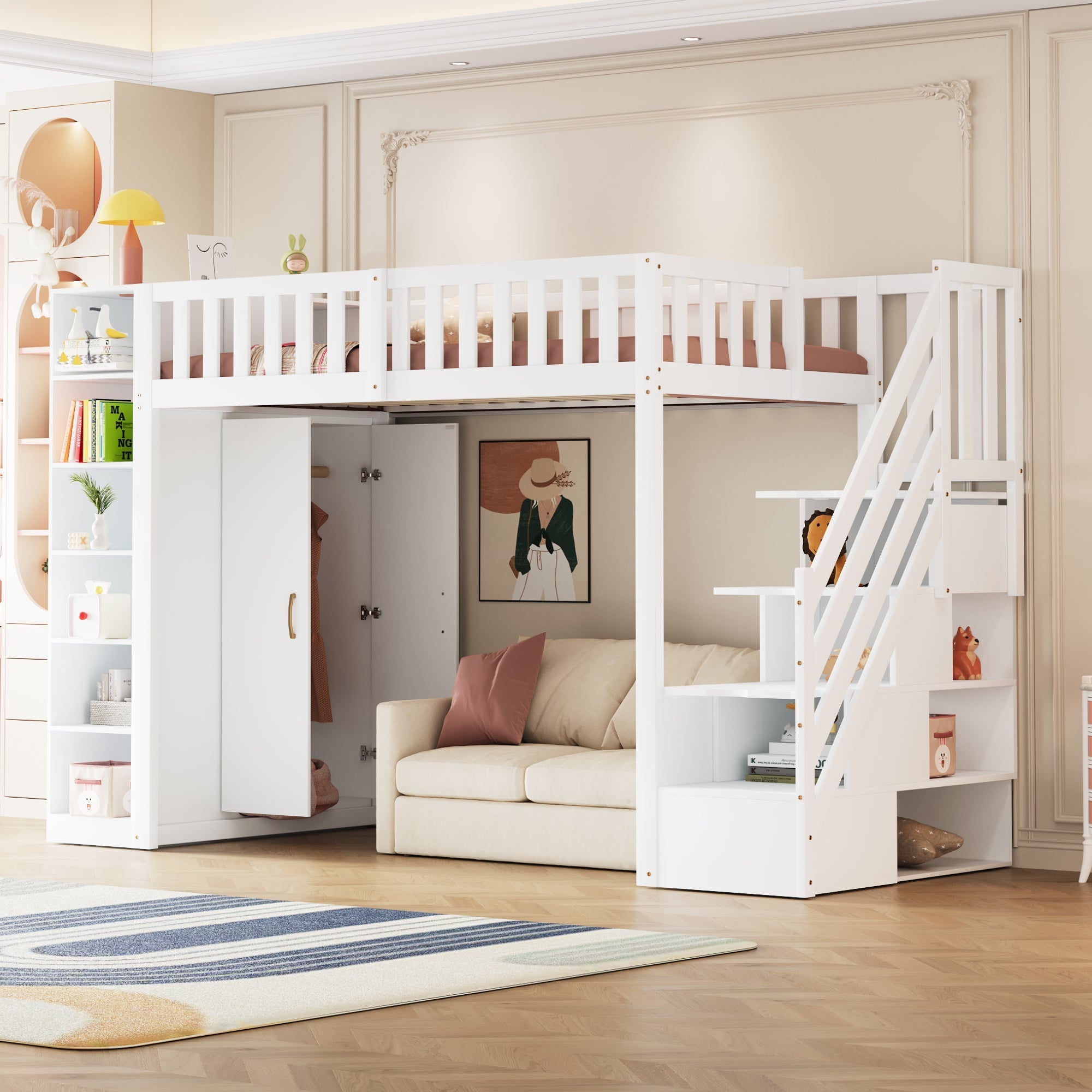 Loft Bed with Storage Stairs, Shelves and Wardrobe, Solid Wood White and Wood Color