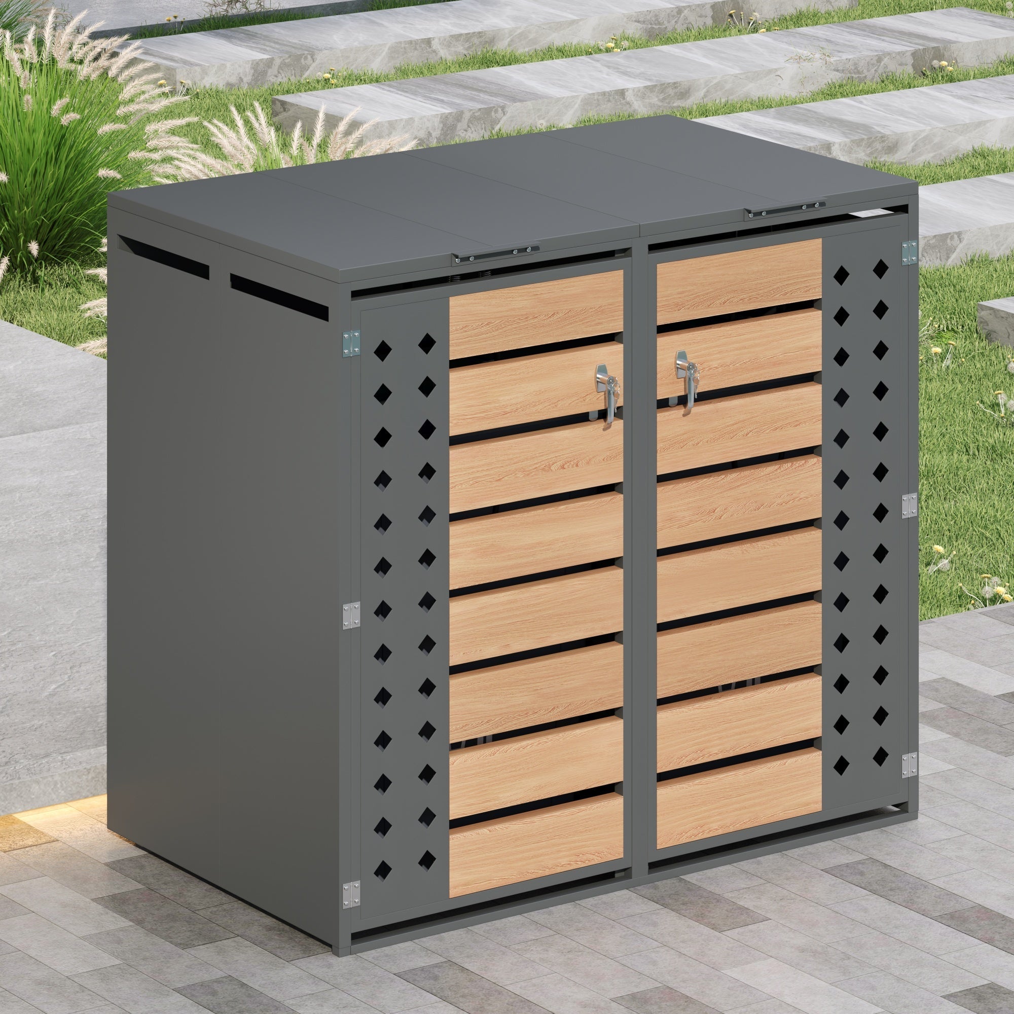 Bin Storage Box with Hinged Lid, Lockable Two Doors and Diamond-Hollow Door Panel