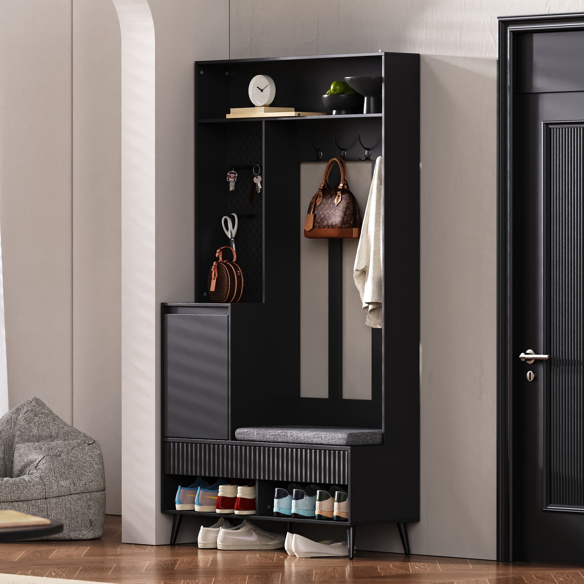 Wardrobe set with shoe bench, 4 coat hooks, two drawers, 1 door, black