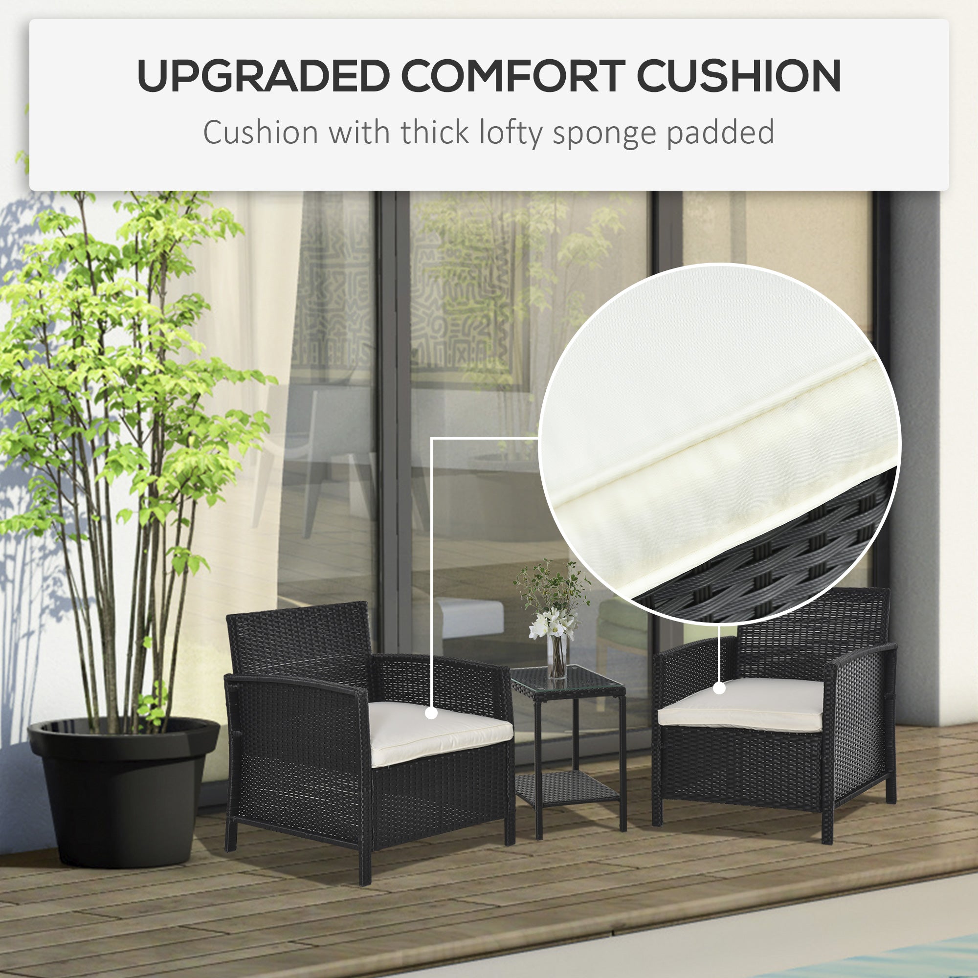 2-Seater PE Rattan Bistro Set with Side Table & Armchair, Black