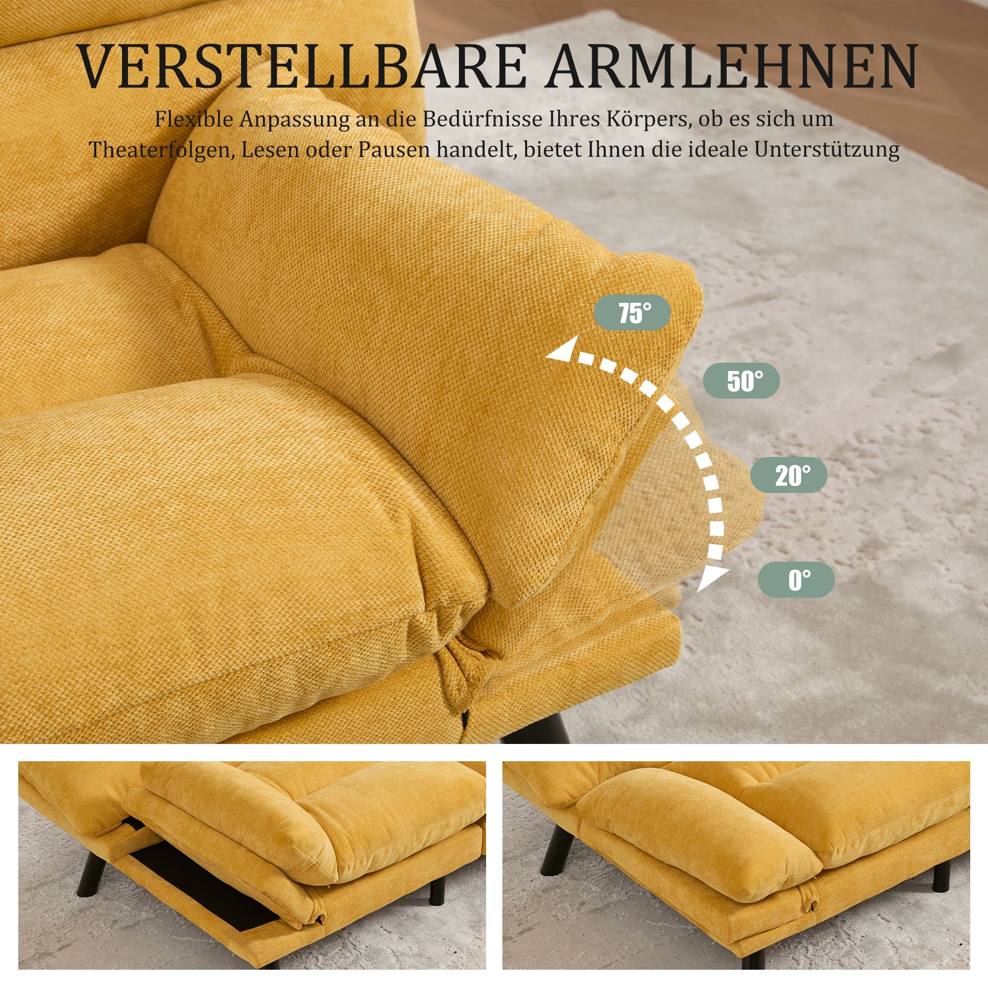 Two-Seater Sofa Ergonomic Adjustable Metal Legs, Chenille