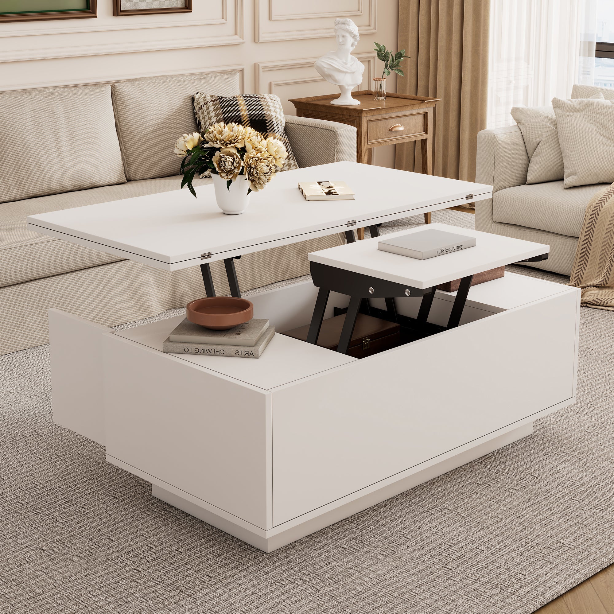 Modern Coffee Table with Double Lift-Top, Hidden Storage, 50kg Capacity