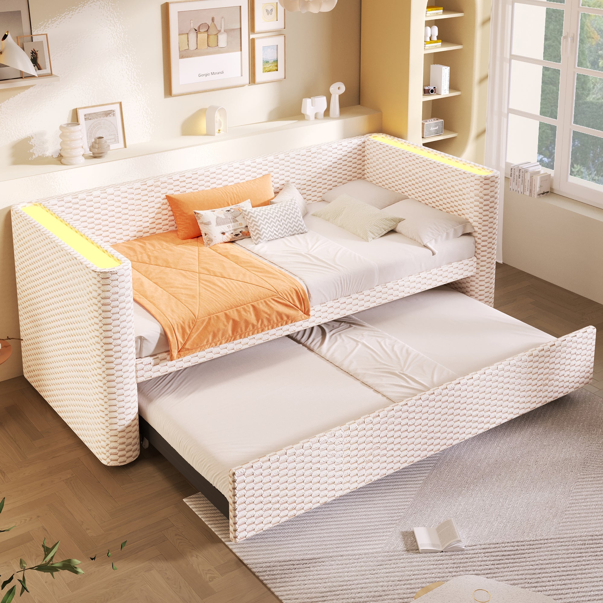 Daybed Sofa Bed, Multifunctional Pull-Out with LED Light, Velvet Beige